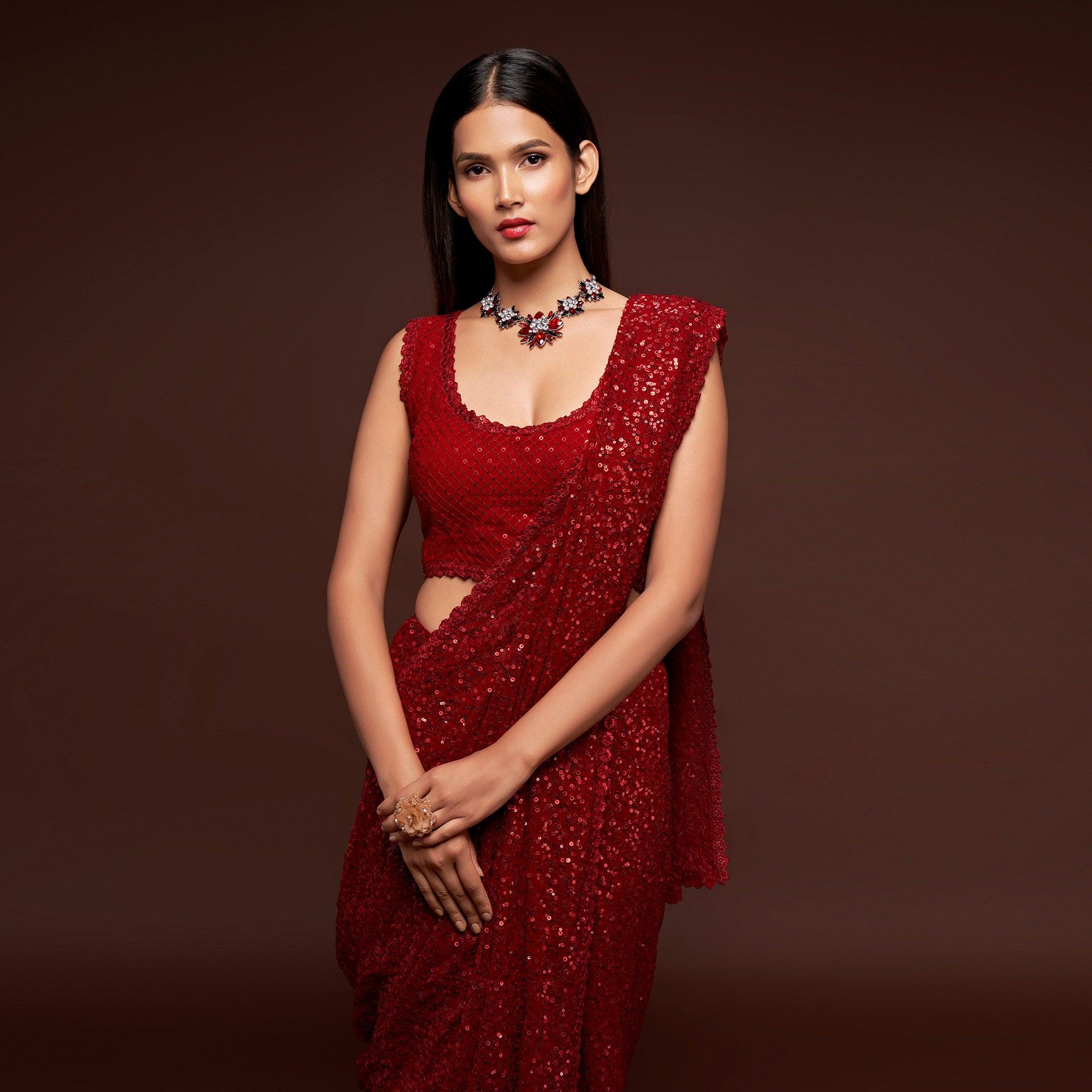 Ruby Red Partywear Thread & Sequins Embroidered Georgette Saree - Peachmode