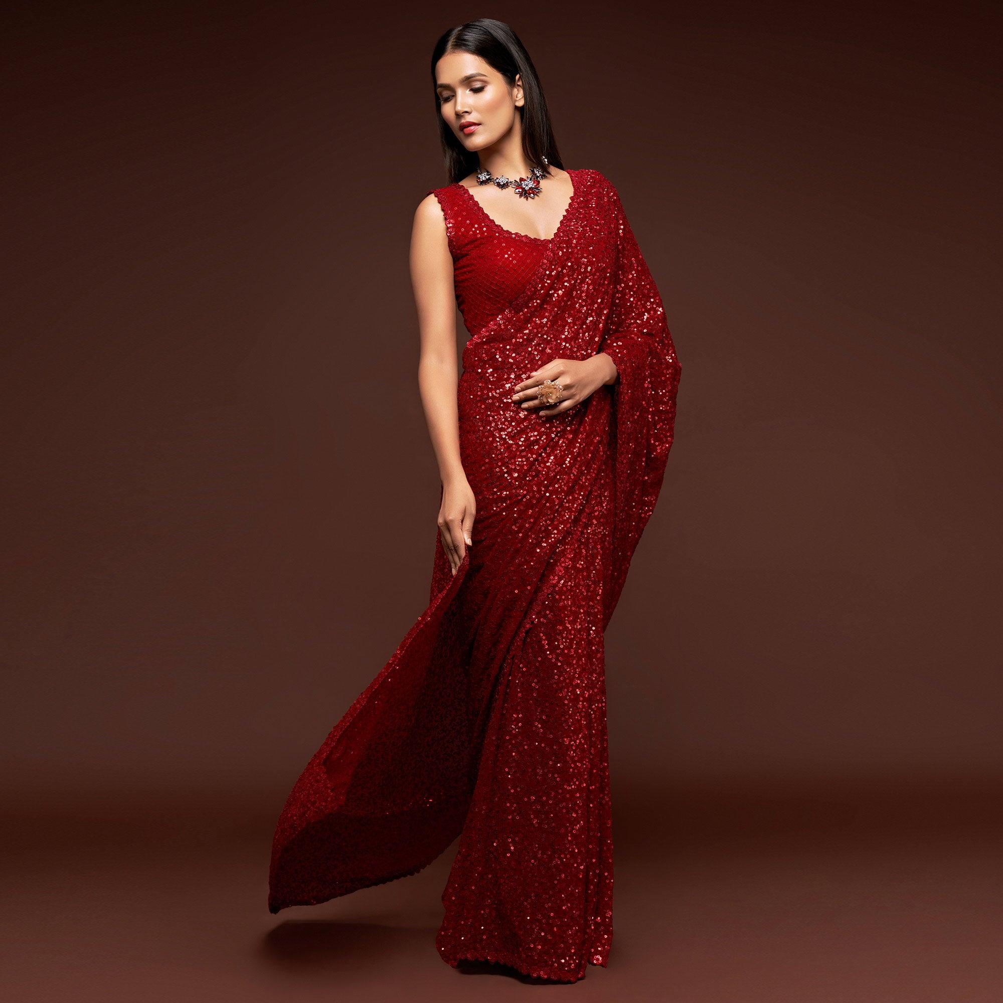 Ruby Red Partywear Thread & Sequins Embroidered Georgette Saree - Peachmode