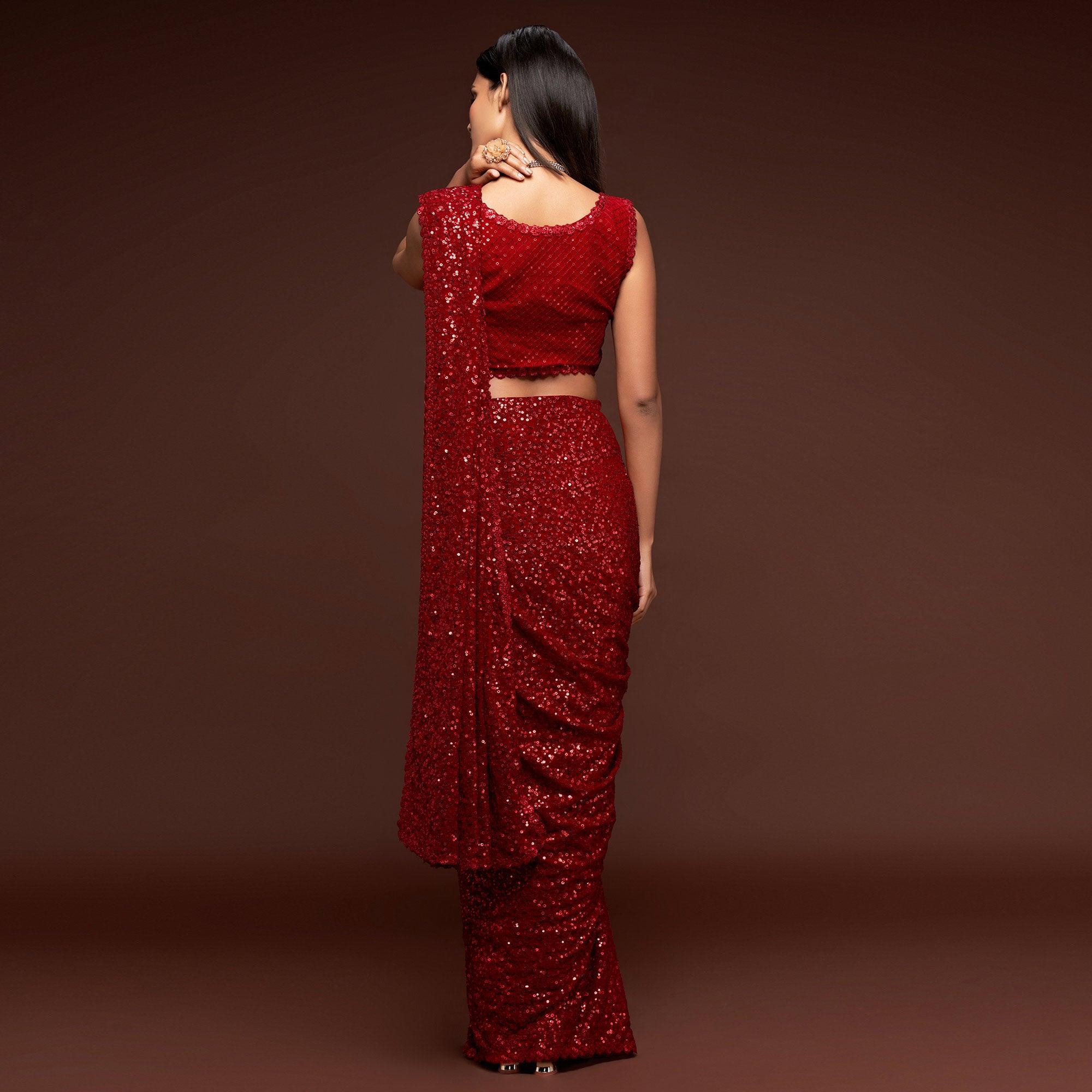 Ruby Red Partywear Thread & Sequins Embroidered Georgette Saree - Peachmode