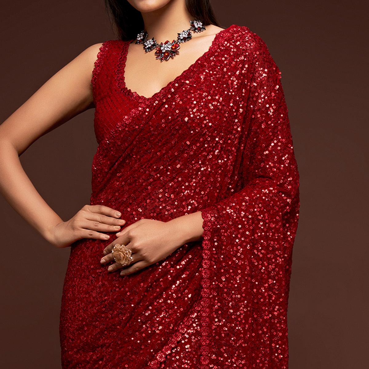 Ruby Red Partywear Thread & Sequins Embroidered Georgette Saree - Peachmode