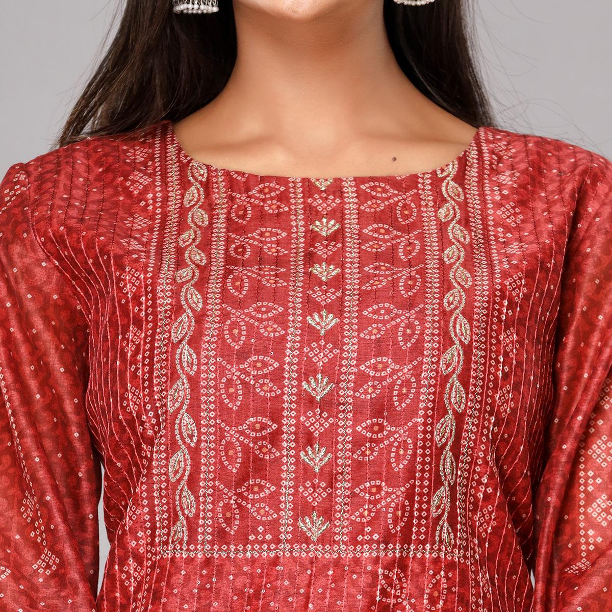 Rust Bandhani Printed Muslin Kurti Pant Set With Dupatta - Peachmode