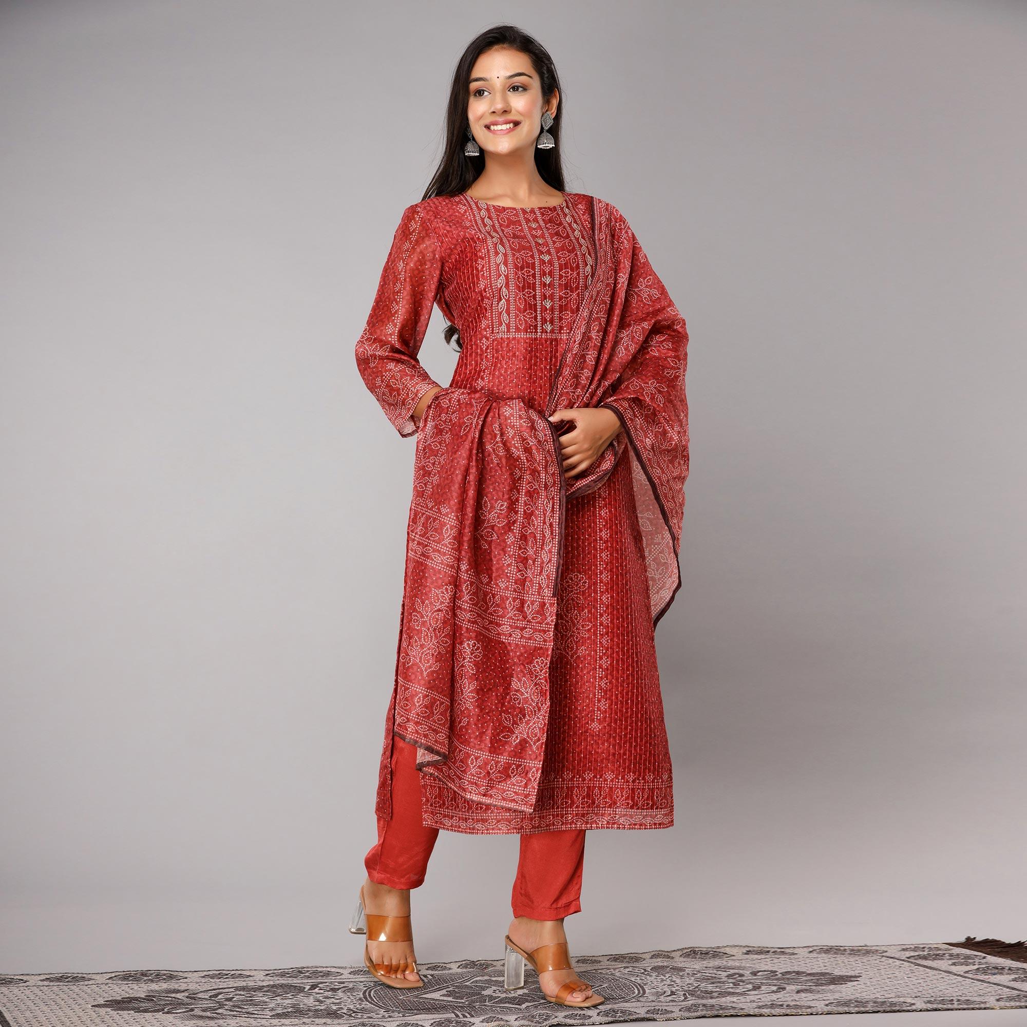 Rust Bandhani Printed Muslin Kurti Pant Set With Dupatta - Peachmode