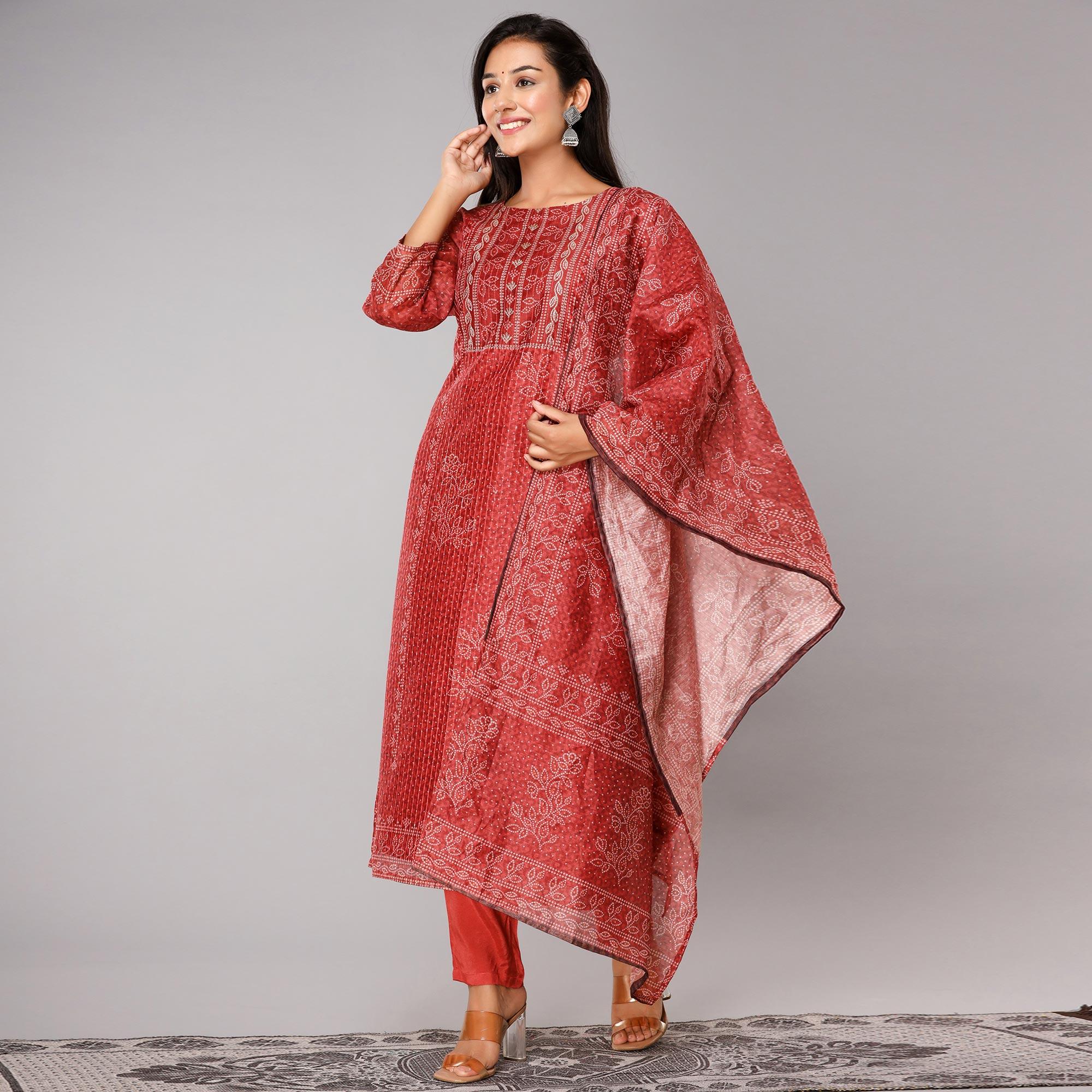 Rust Bandhani Printed Muslin Kurti Pant Set With Dupatta - Peachmode