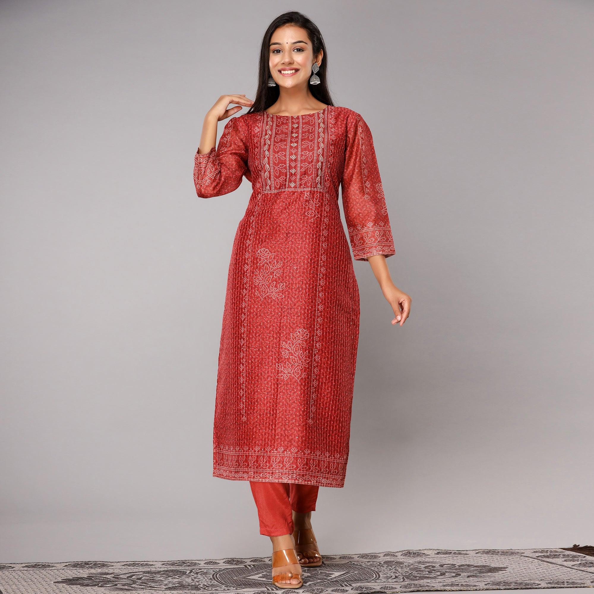 Rust Bandhani Printed Muslin Kurti Pant Set With Dupatta - Peachmode
