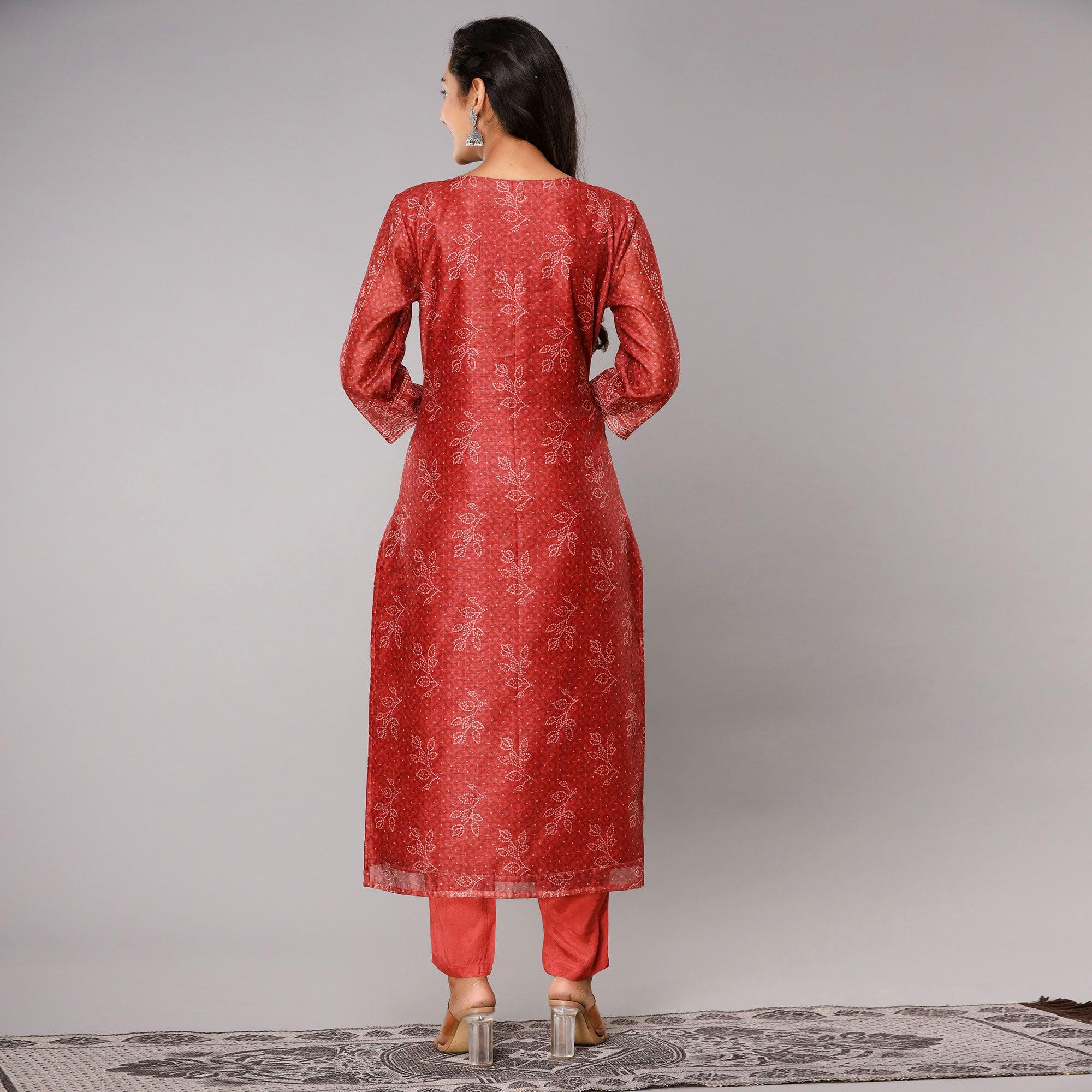 Rust Bandhani Printed Muslin Kurti Pant Set With Dupatta - Peachmode