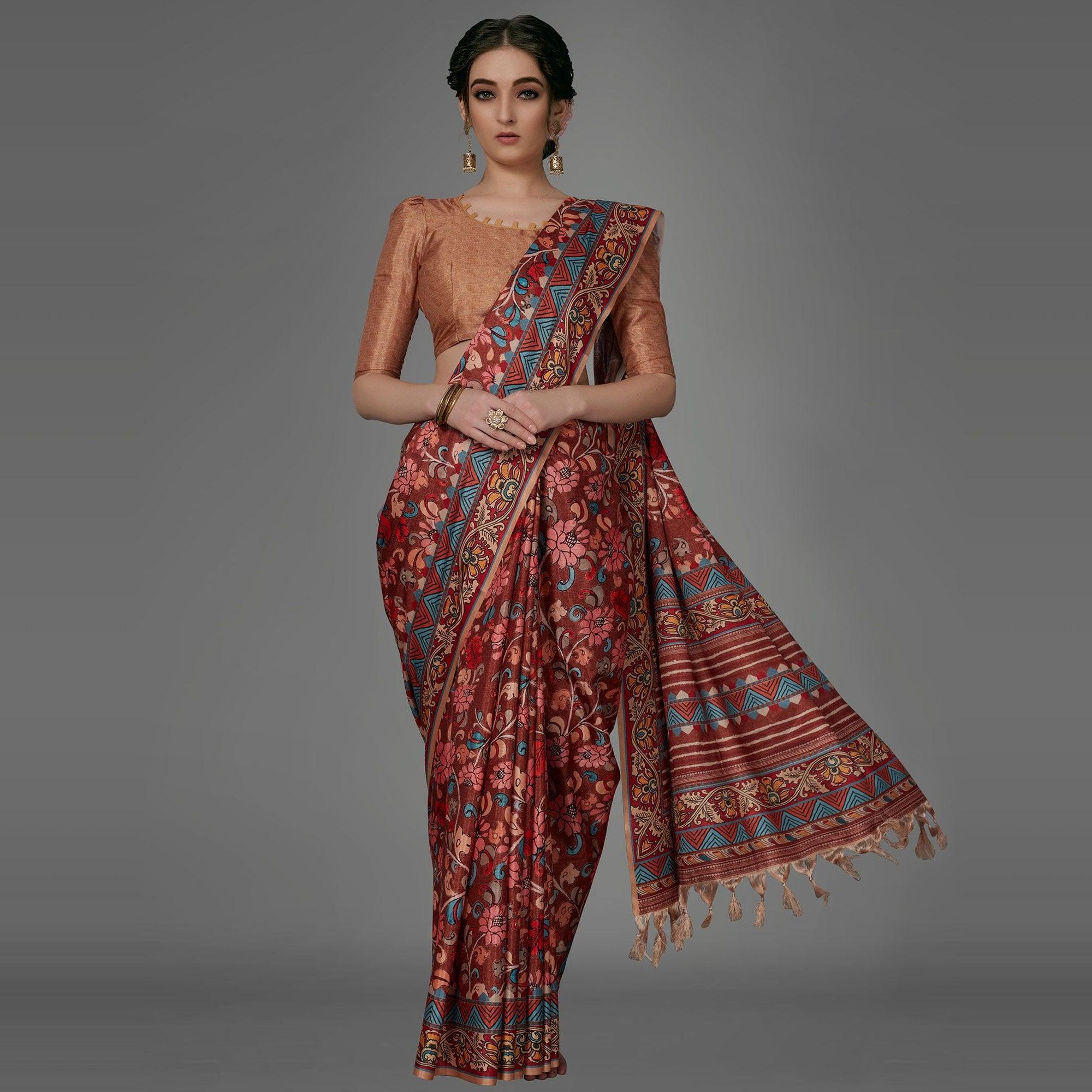 Rust Casual Art Silk Printed Saree With Unstitched Blouse - Peachmode