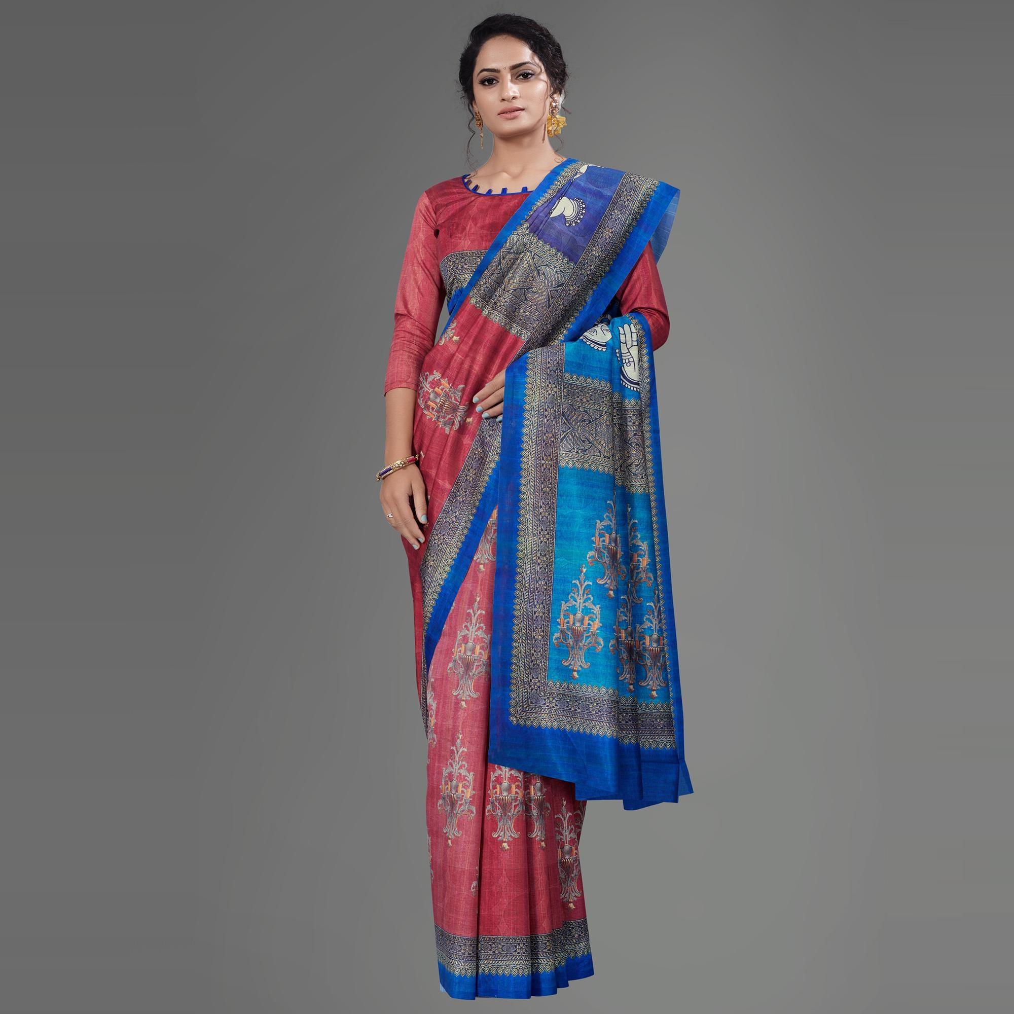 Rust Casual Art Silk Printed Saree With Unstitched Blouse - Peachmode