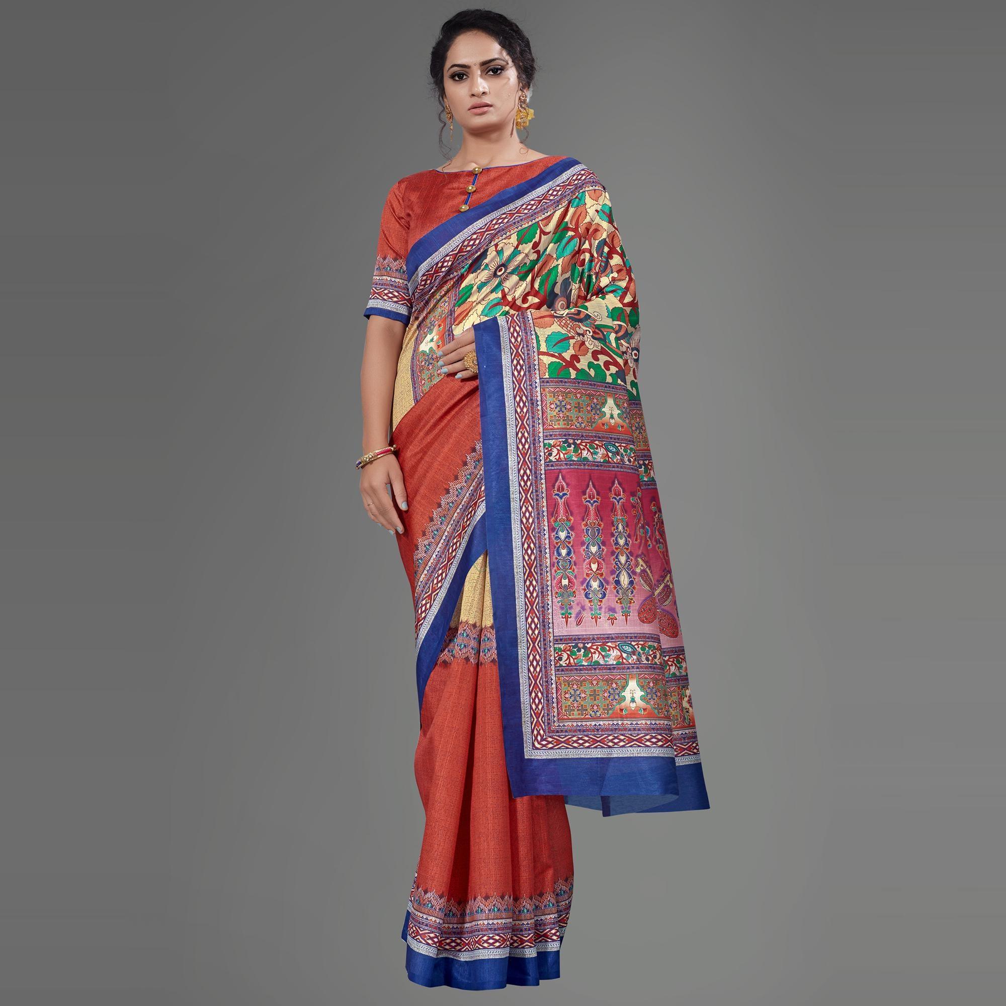Rust Casual Art Silk Printed Saree With Unstitched Blouse - Peachmode