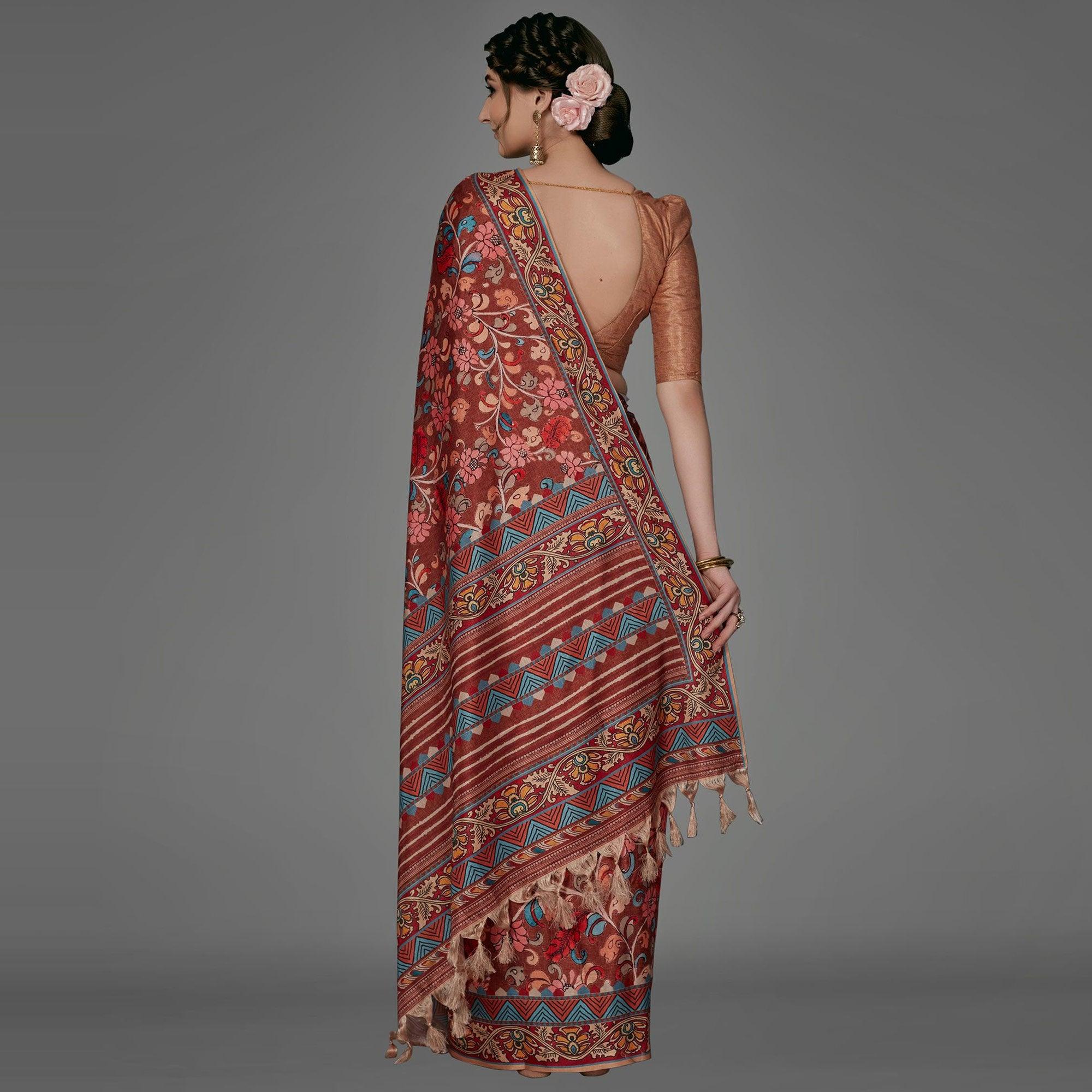 Rust Casual Art Silk Printed Saree With Unstitched Blouse - Peachmode