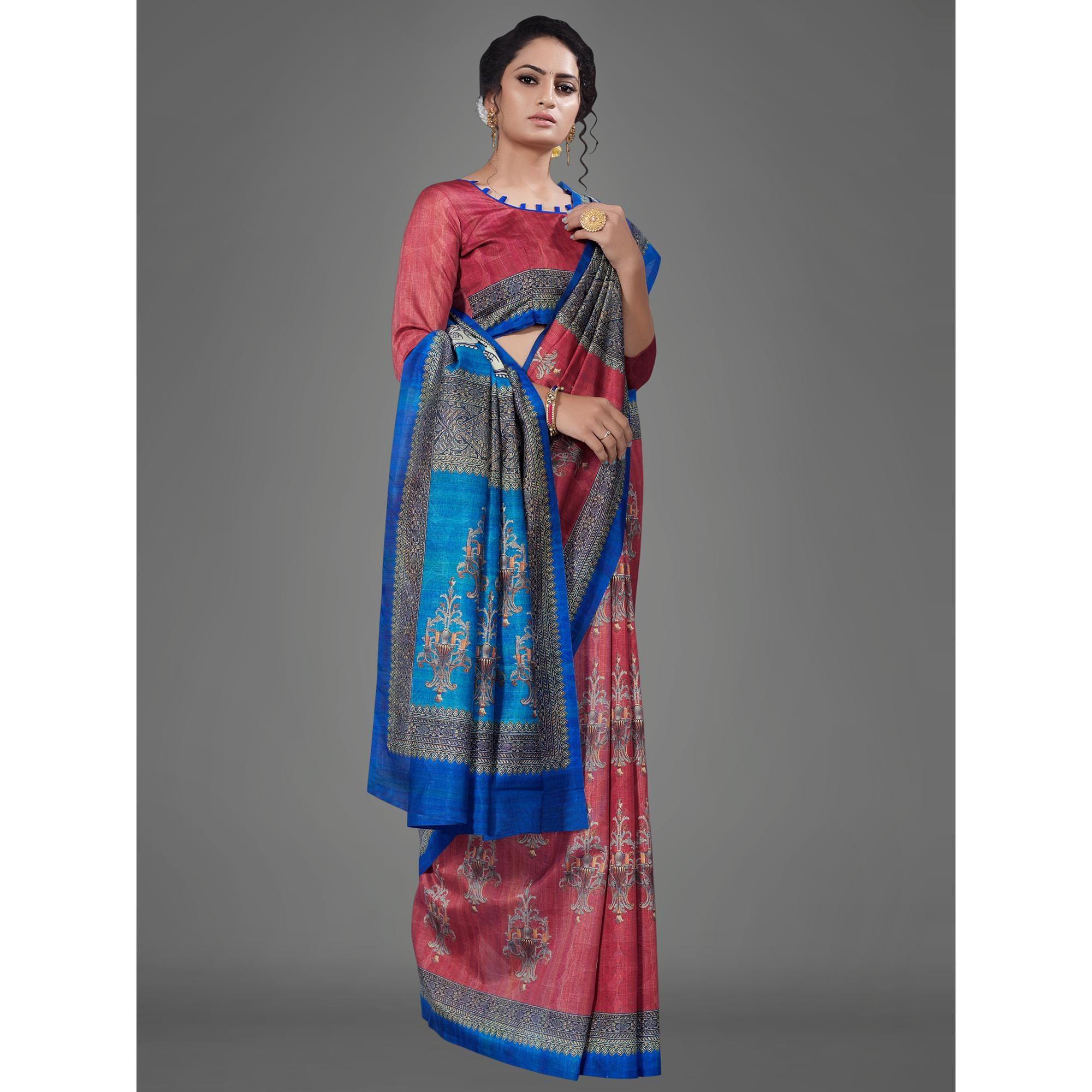 Rust Casual Art Silk Printed Saree With Unstitched Blouse - Peachmode