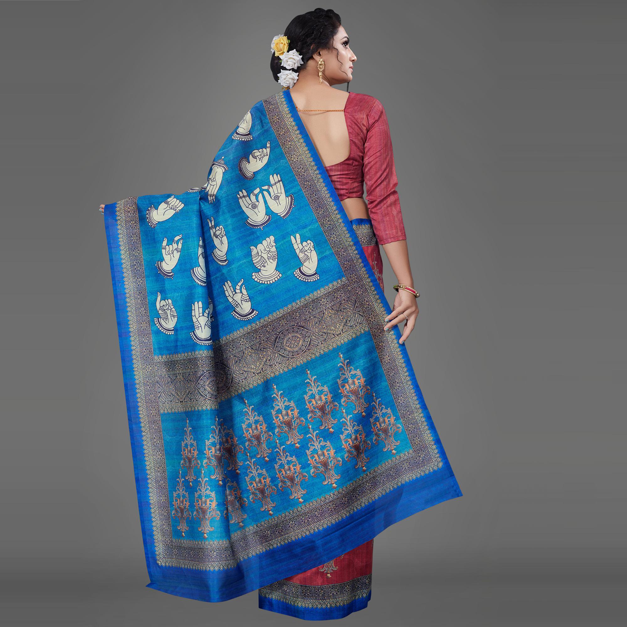Rust Casual Art Silk Printed Saree With Unstitched Blouse - Peachmode