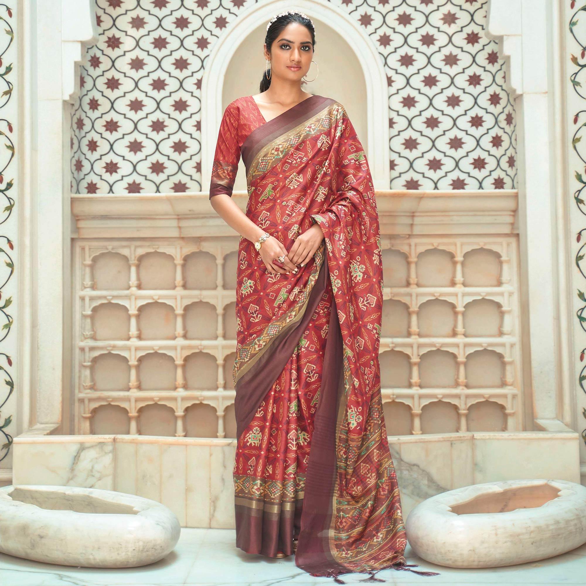 Rust Casual Wear Digital Printed Assam Silk Saree - Peachmode