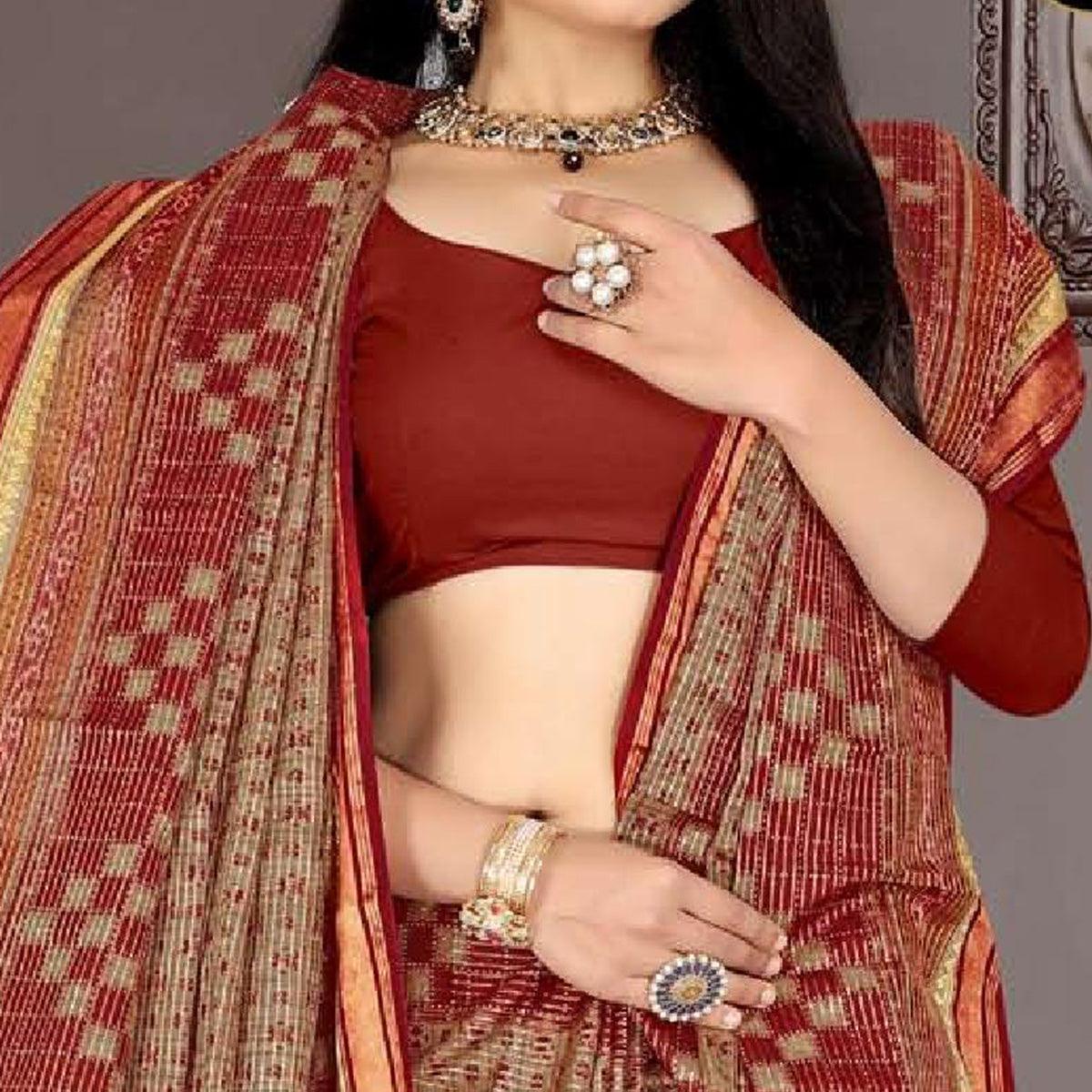 Rust Casual Wear Ikkat Printed Cotton Silk Saree - Peachmode