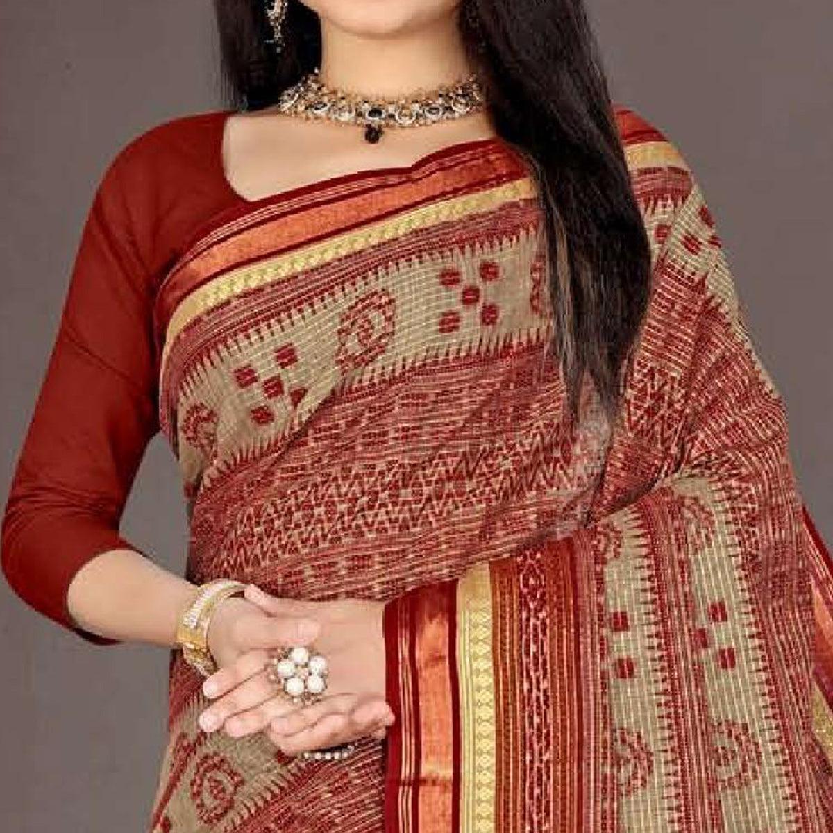 Rust Casual Wear Ikkat Printed Cotton Silk Saree - Peachmode