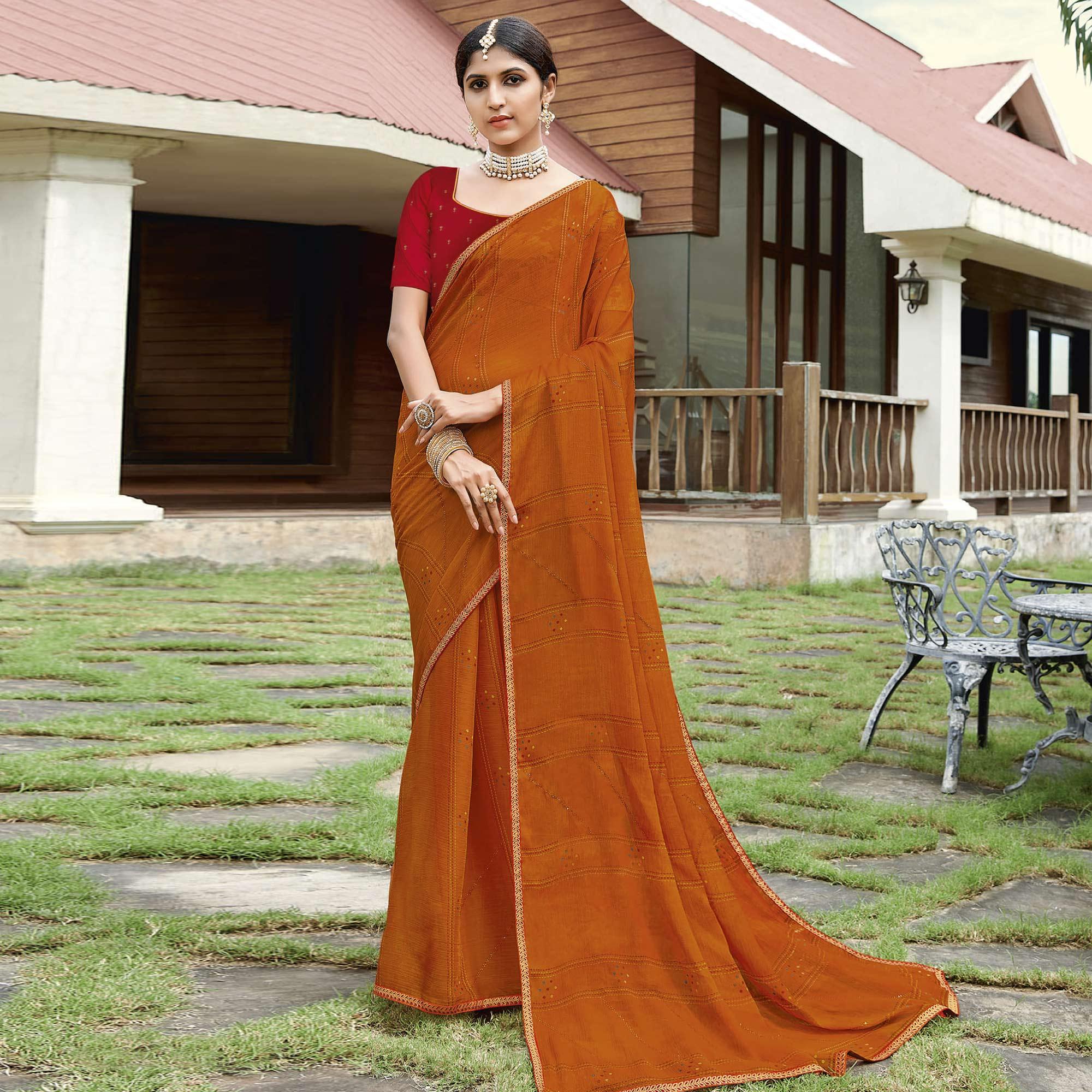 Rust  Casual Wear Printed Chiffon Saree - Peachmode