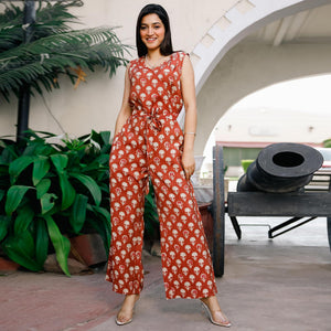 Rust Casual Wear Printed Cotton Jumpsuit - Peachmode