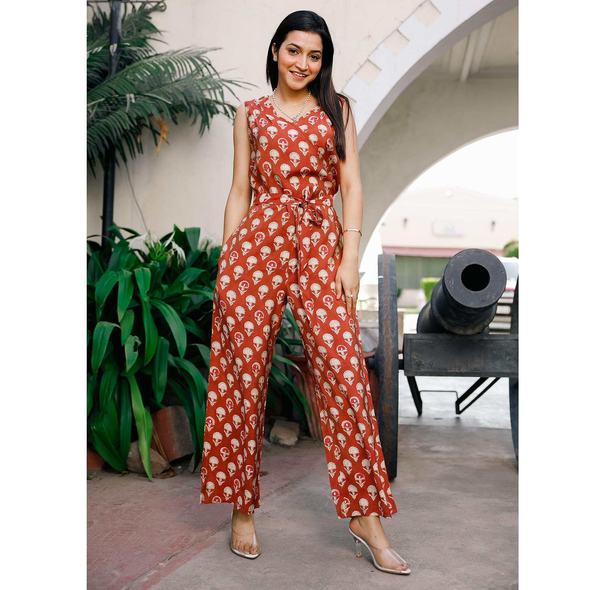 Rust Casual Wear Printed Cotton Jumpsuit - Peachmode