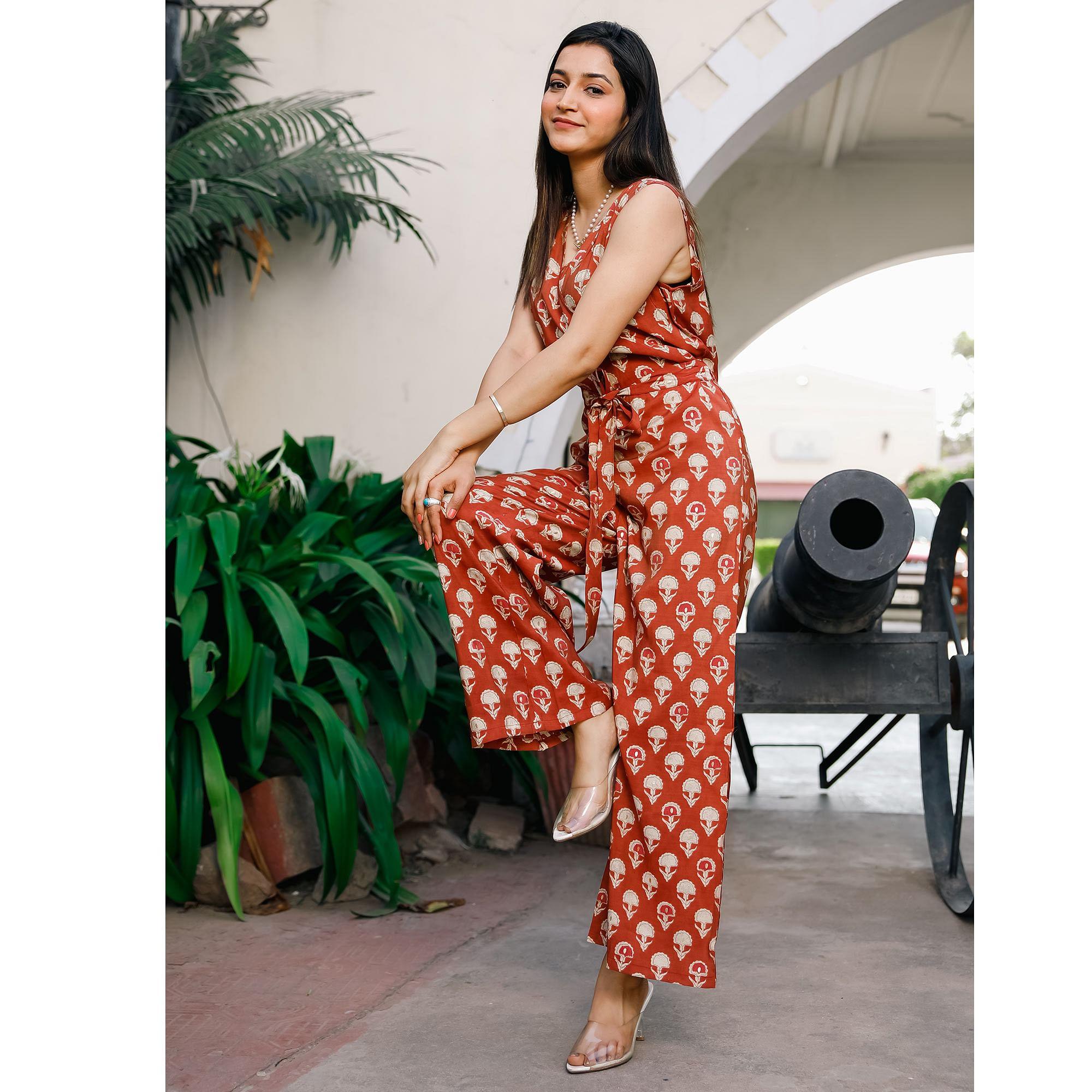 Rust Casual Wear Printed Cotton Jumpsuit - Peachmode