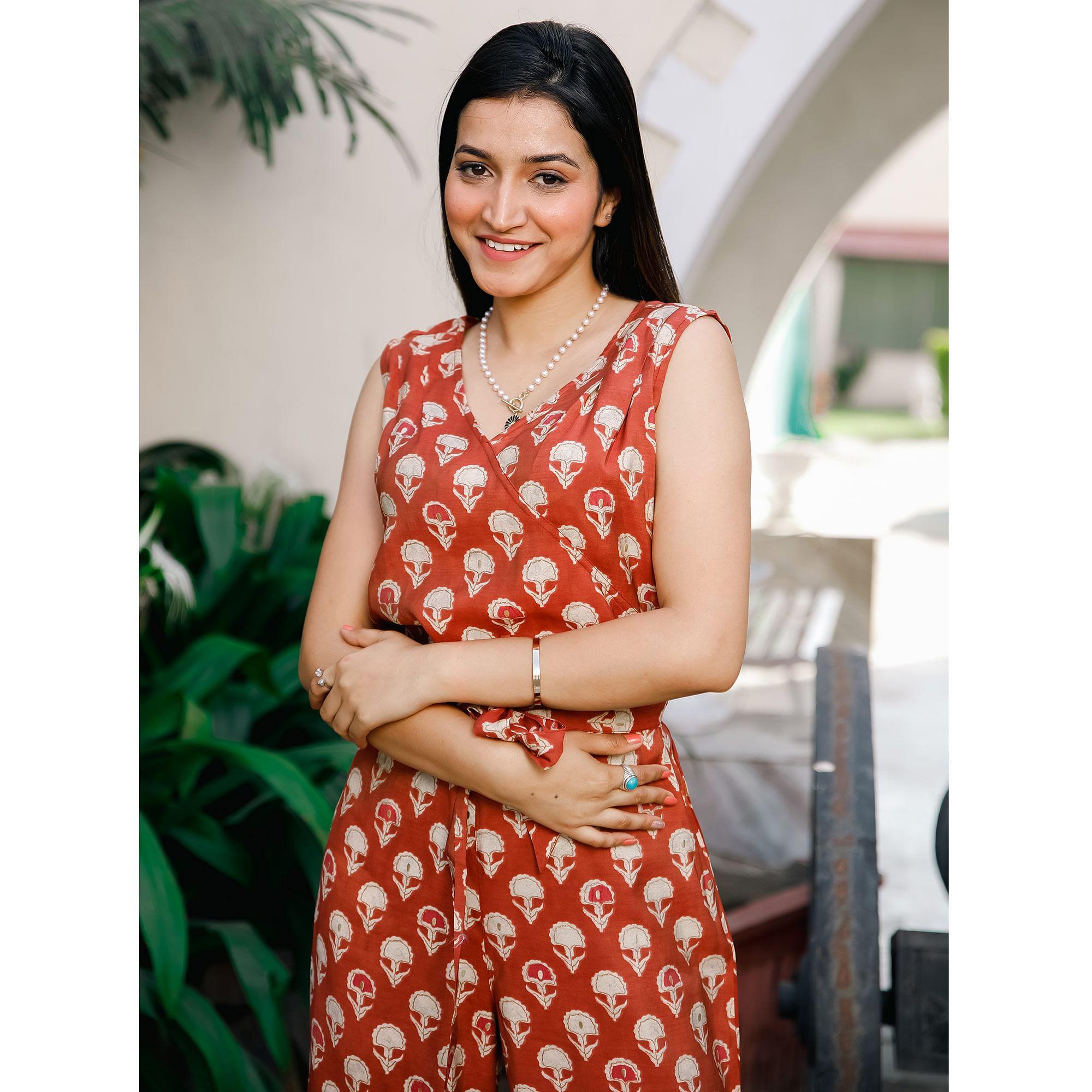 Rust Casual Wear Printed Cotton Jumpsuit - Peachmode