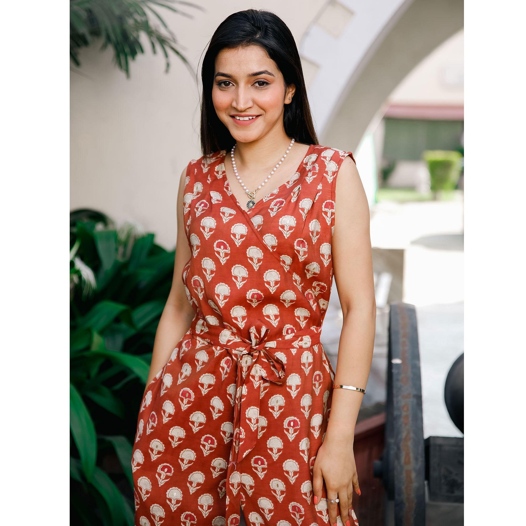 Rust Casual Wear Printed Cotton Jumpsuit - Peachmode