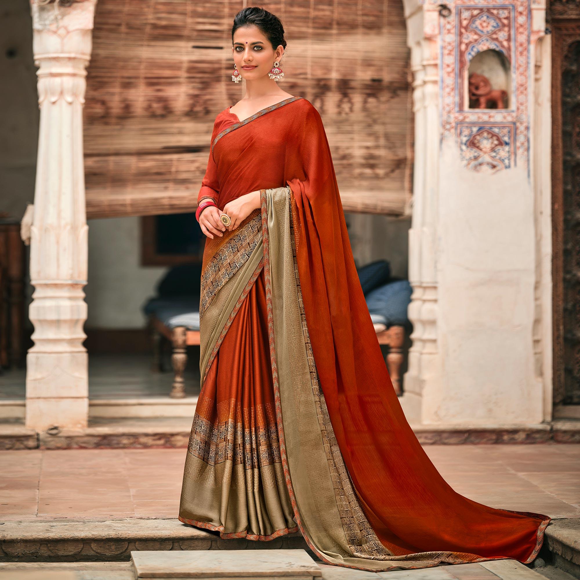 Rust Casual Wear Printed Moss Saree With Fancy Zari Border - Peachmode