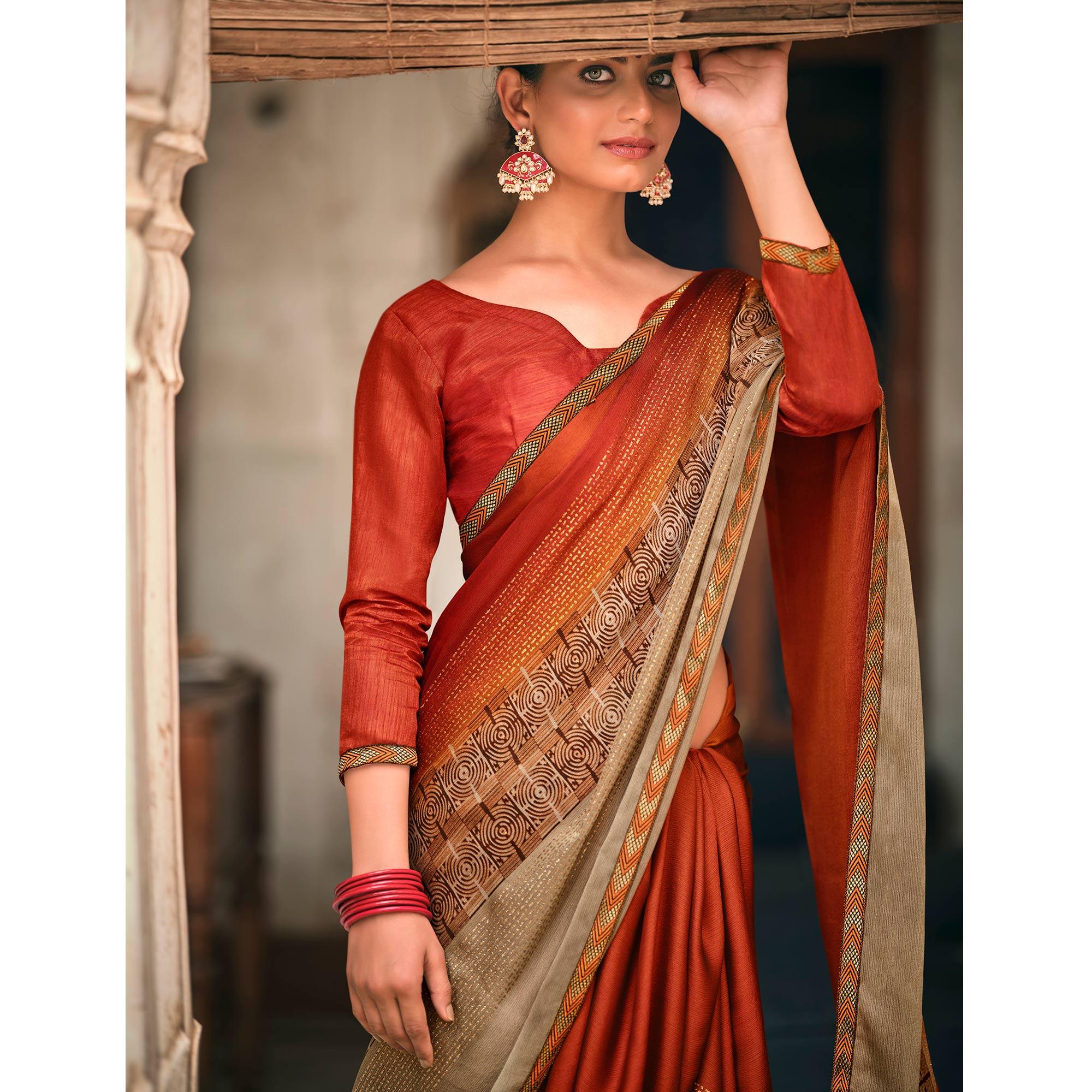 Rust Casual Wear Printed Moss Saree With Fancy Zari Border - Peachmode