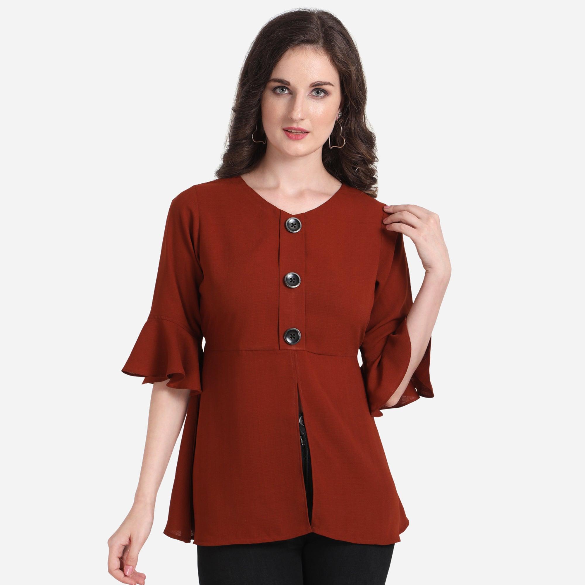 Rust Casual Wear Regular Ruffled Sleeve Front Button Georgette Top - Peachmode