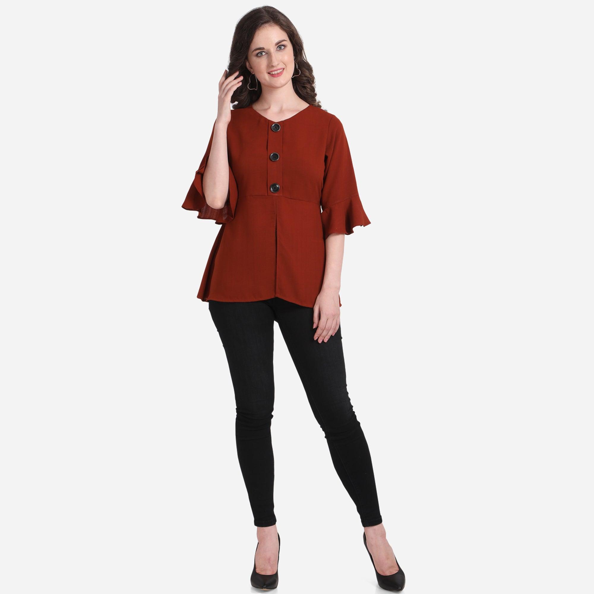 Rust Casual Wear Regular Ruffled Sleeve Front Button Georgette Top - Peachmode