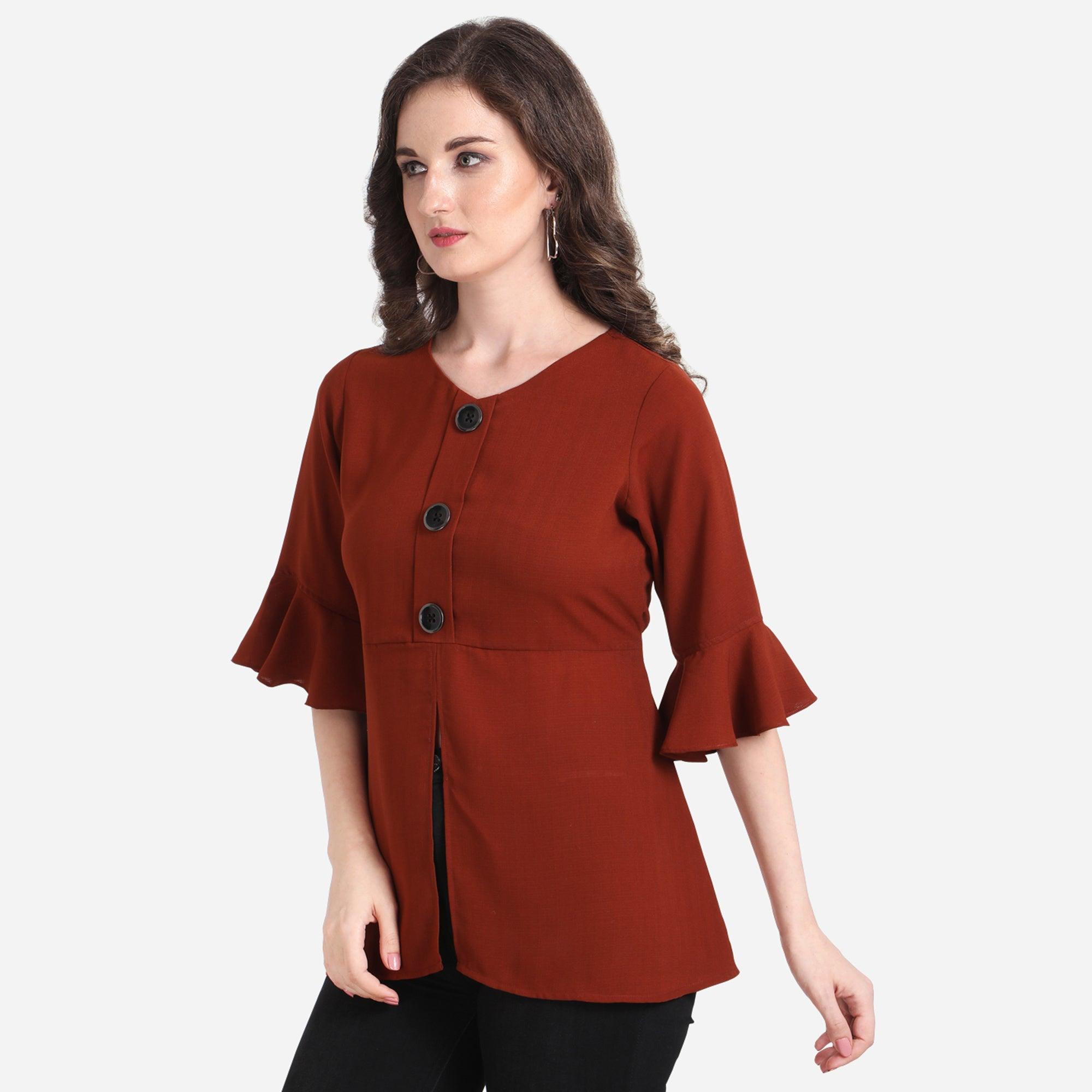 Rust Casual Wear Regular Ruffled Sleeve Front Button Georgette Top - Peachmode