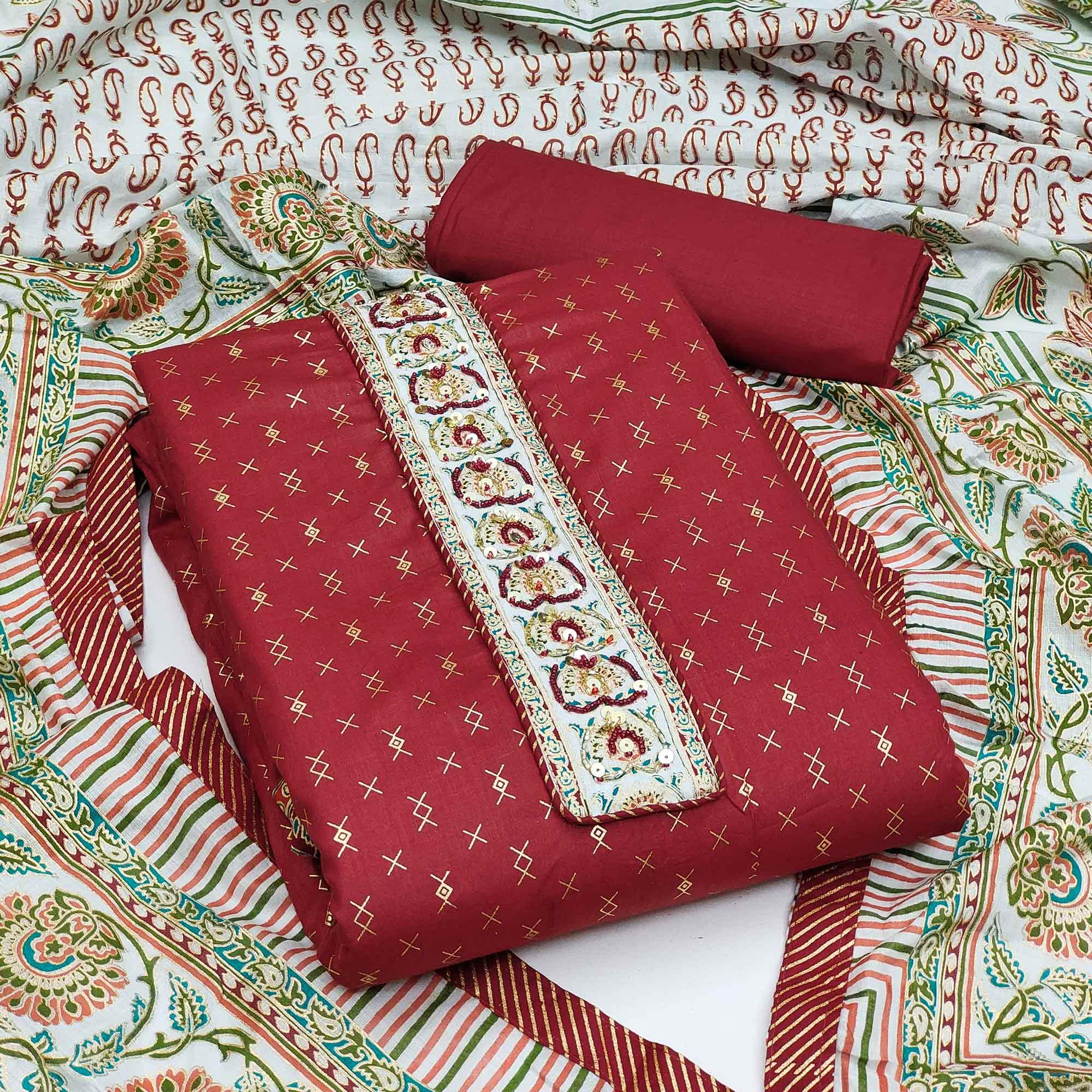 Rust Casual Wear Sequence Embroidered Cotton Dress Material - Peachmode