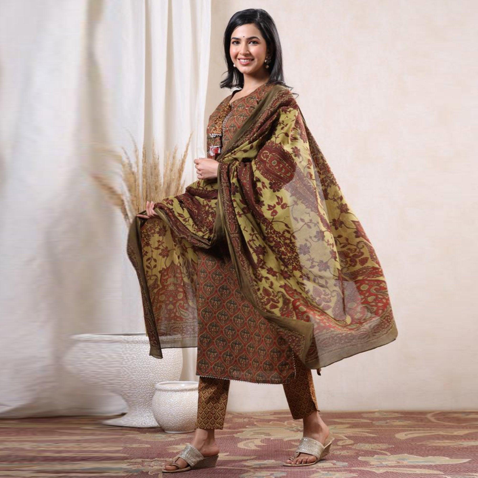 Rust Casual Wear Sequence Printed Cotton Kurti Pant Set With Dupatta - Peachmode