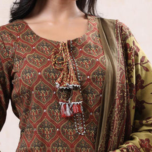 Rust Casual Wear Sequence Printed Cotton Kurti Pant Set With Dupatta - Peachmode