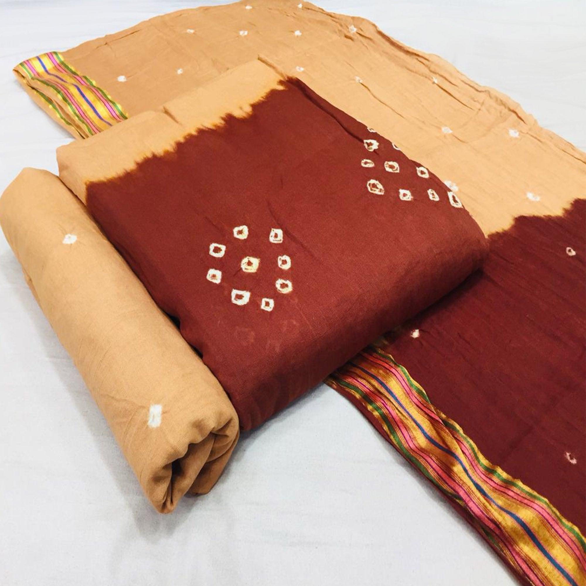 Rust-Cream Bandhani Printed Cotton Blend Dress Material - Peachmode