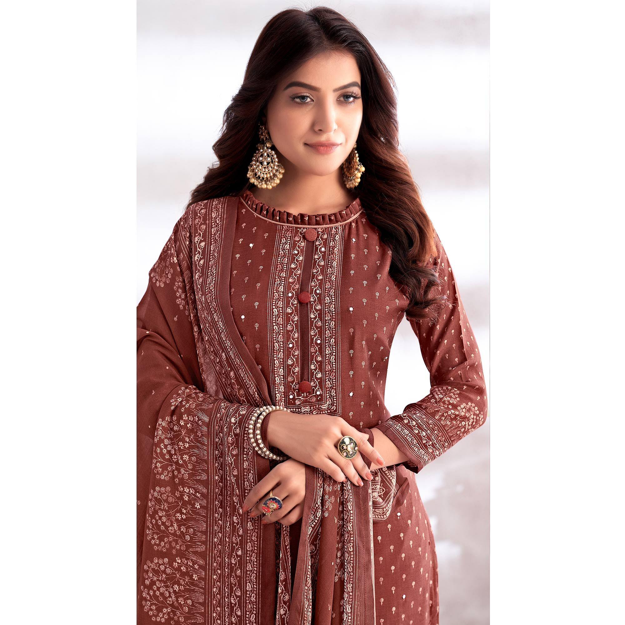 Rust Digital Printed & Hand Work Cotton Silk Suit - Peachmode