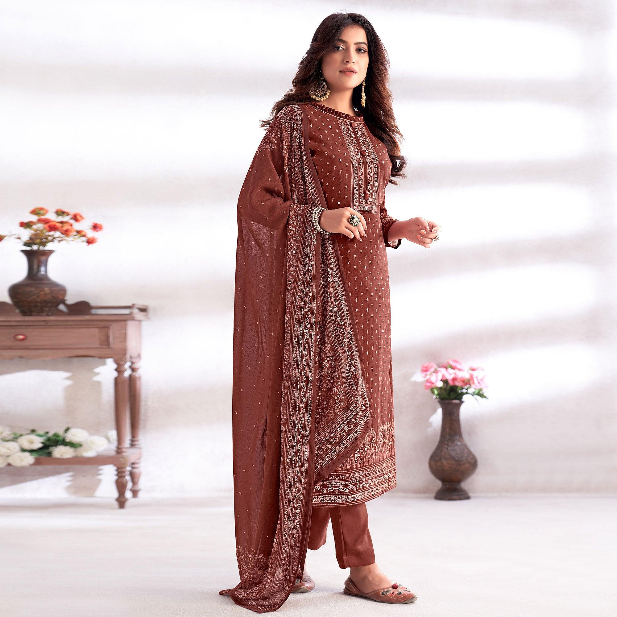 Rust Digital Printed & Hand Work Cotton Silk Suit - Peachmode
