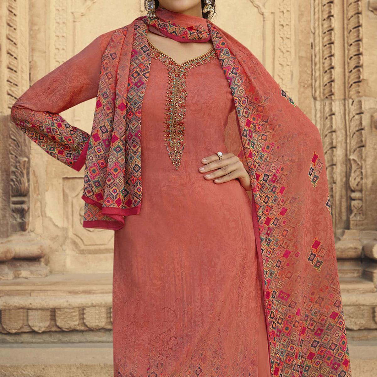 Rust Digital Printed Art Silk Palazzo Suit - Peachmode