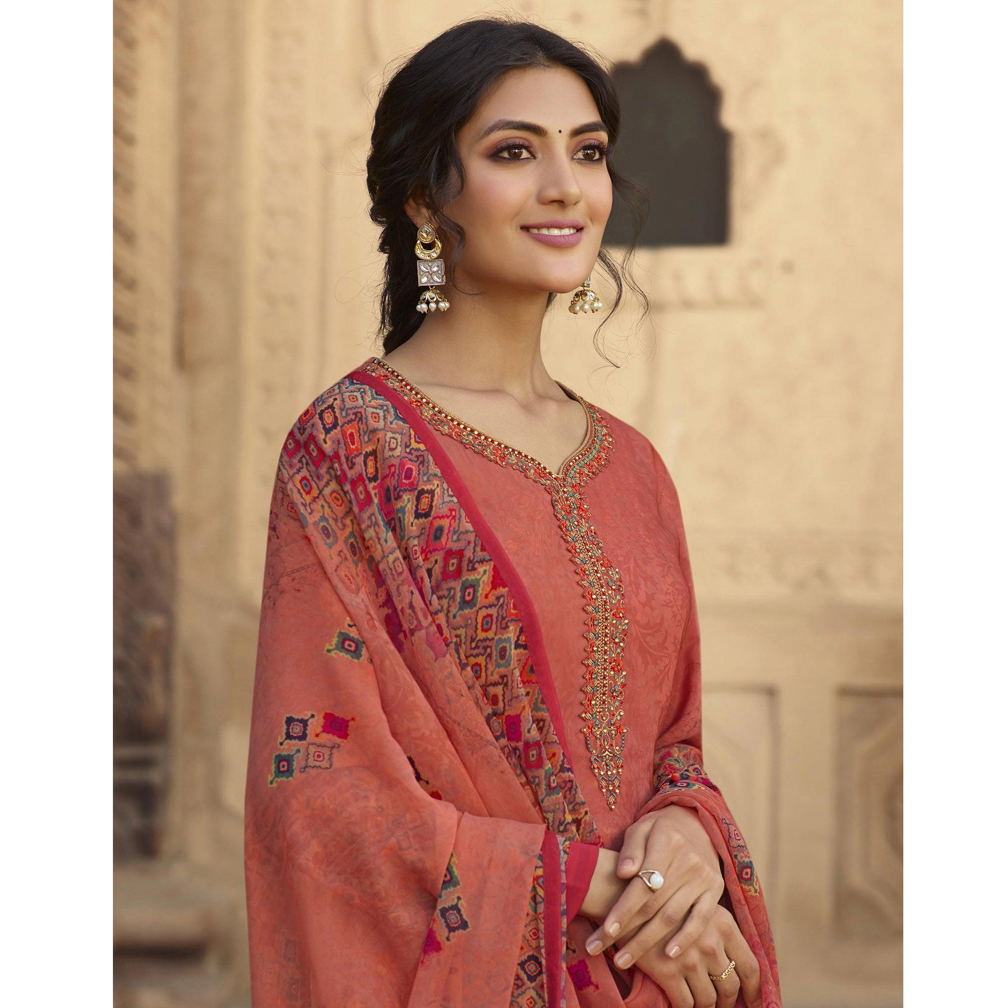 Rust Digital Printed Art Silk Palazzo Suit - Peachmode