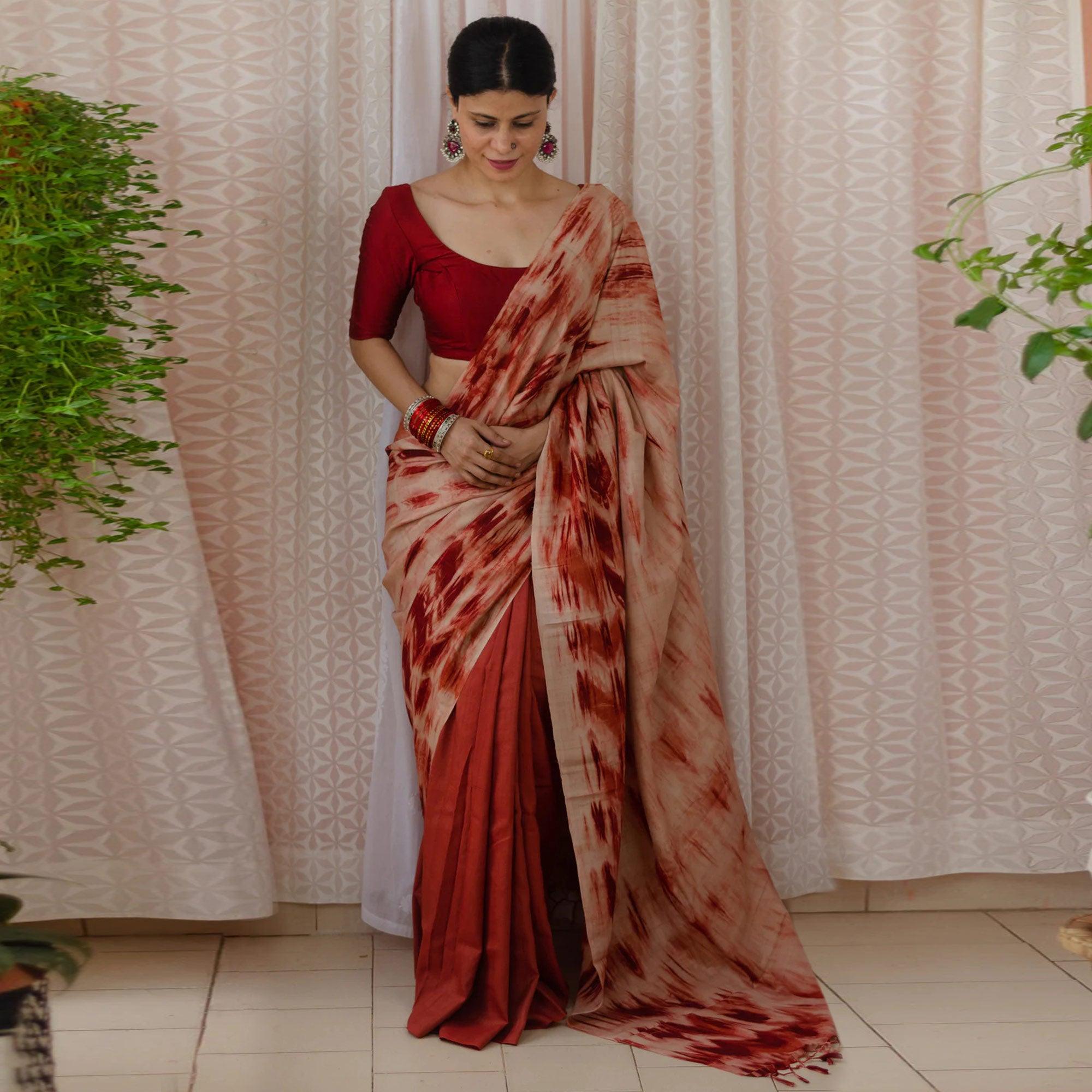 Rust Digital Printed Linen Half and Half Saree - Peachmode