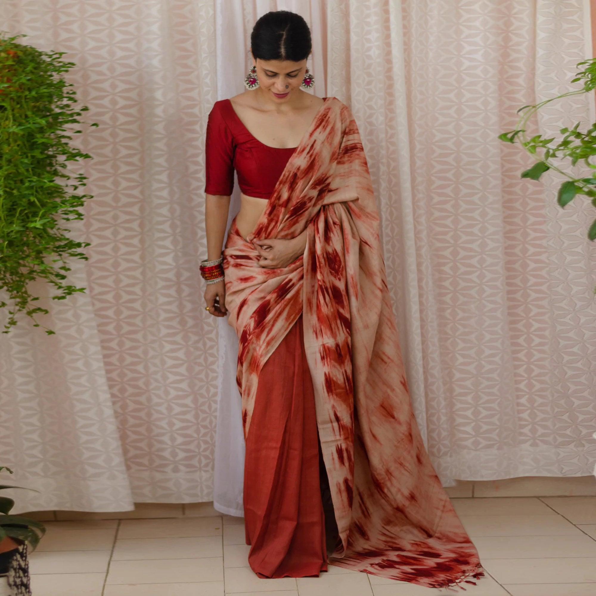 Rust Digital Printed Linen Half and Half Saree - Peachmode