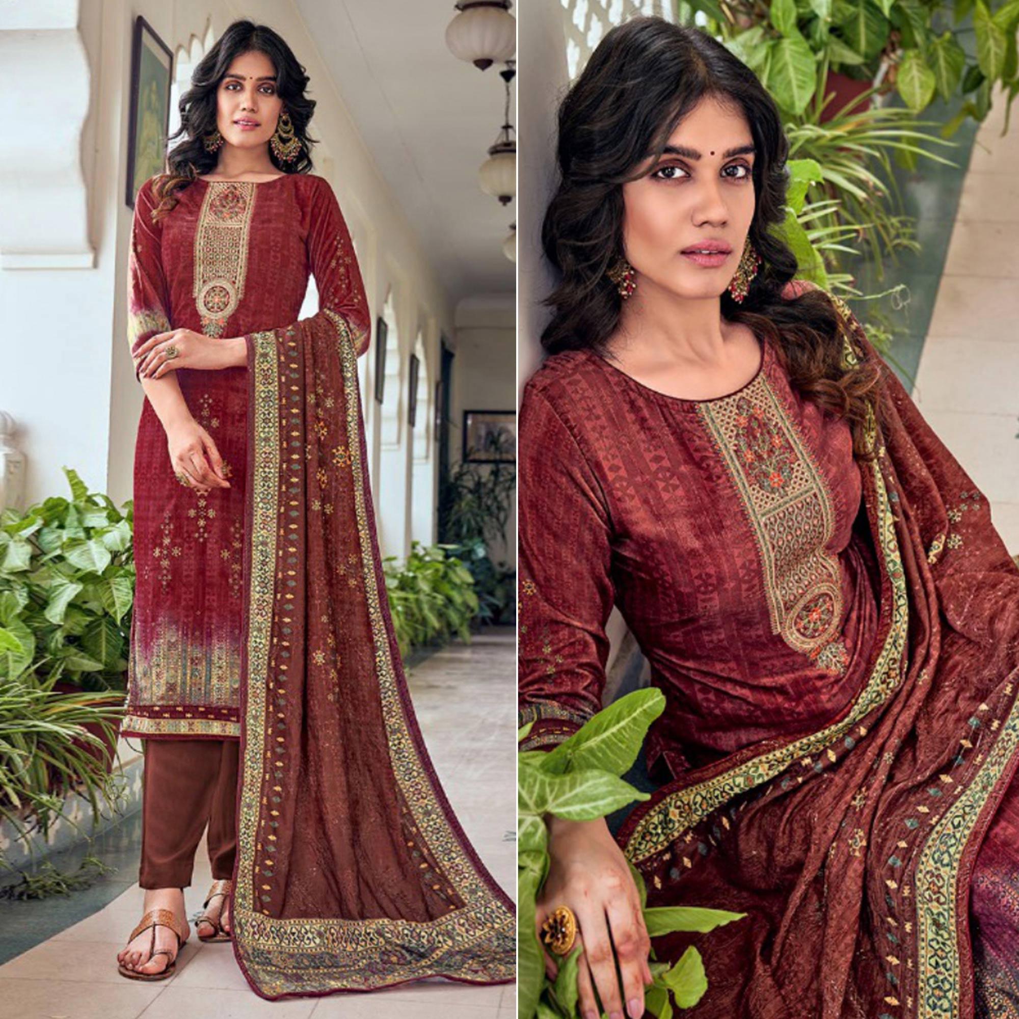 Rust Digital Printed With Embroidered Velvet Salwar Suit - Peachmode