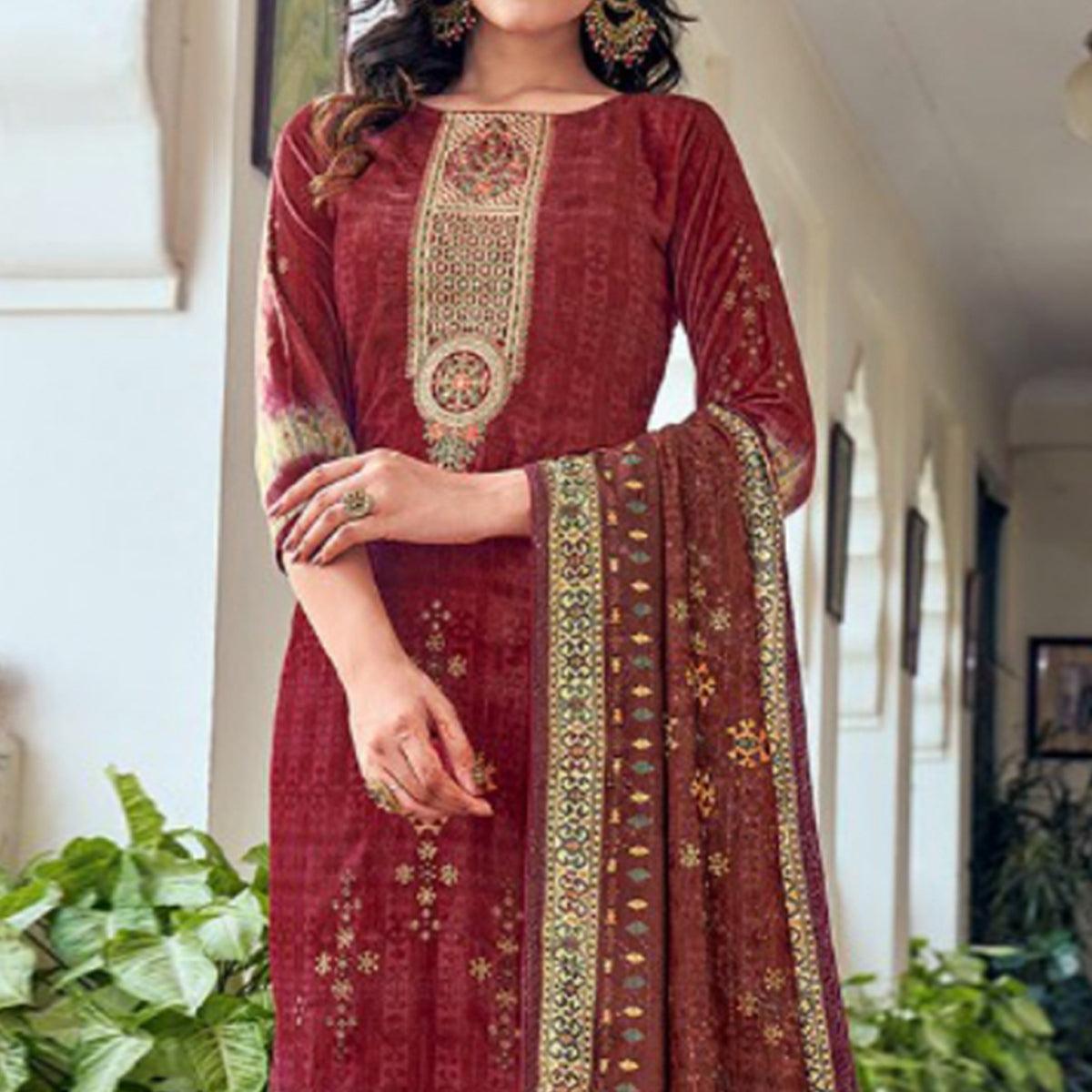 Rust Digital Printed With Embroidered Velvet Salwar Suit - Peachmode