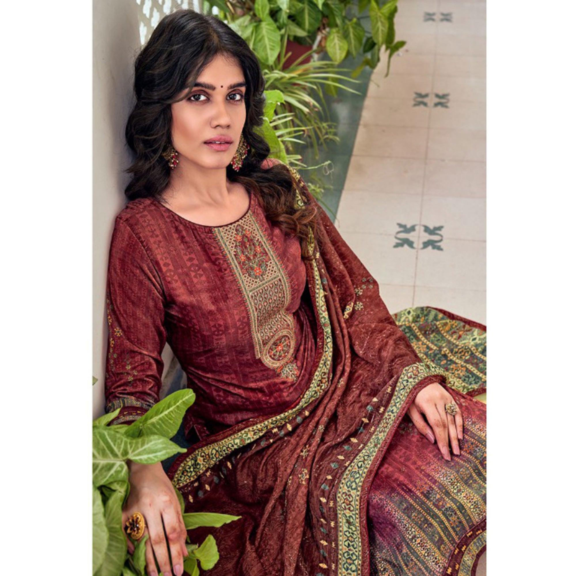 Rust Digital Printed With Embroidered Velvet Salwar Suit - Peachmode