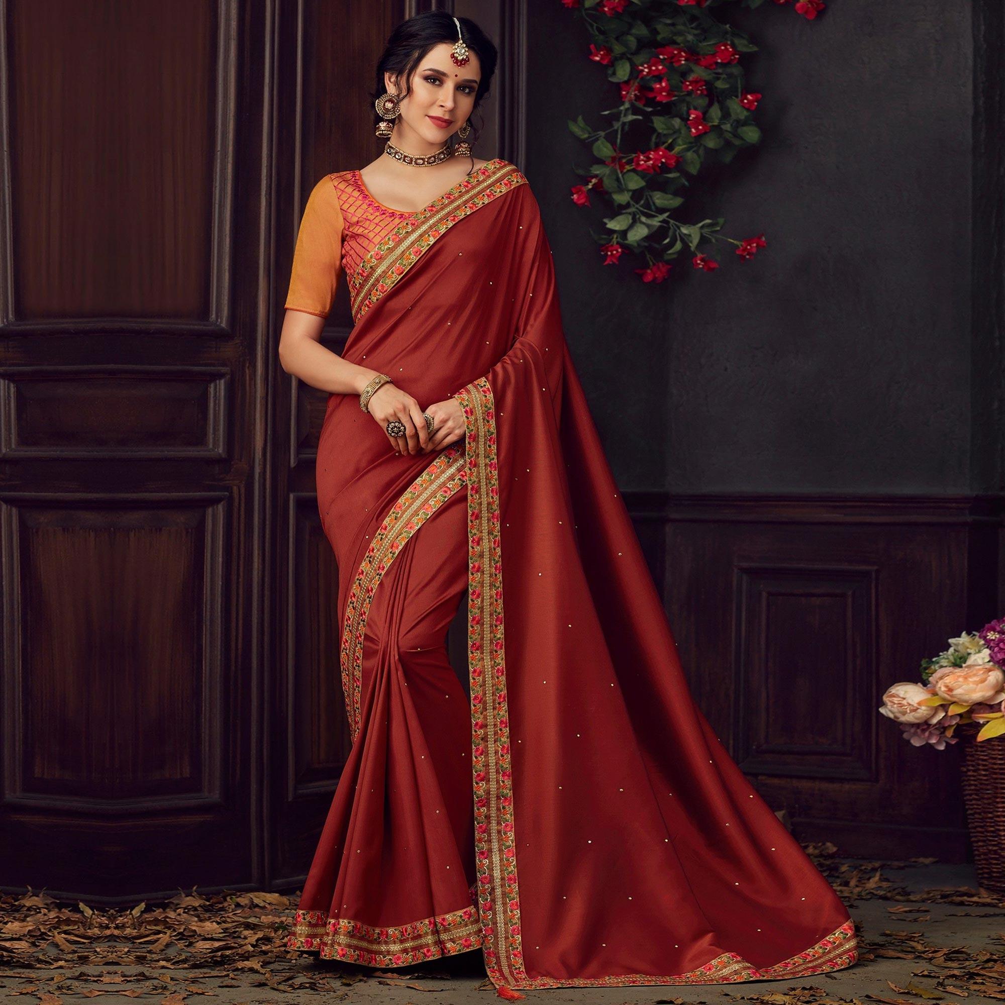 Rust Embellished With Embroidered Art Silk Saree - Peachmode