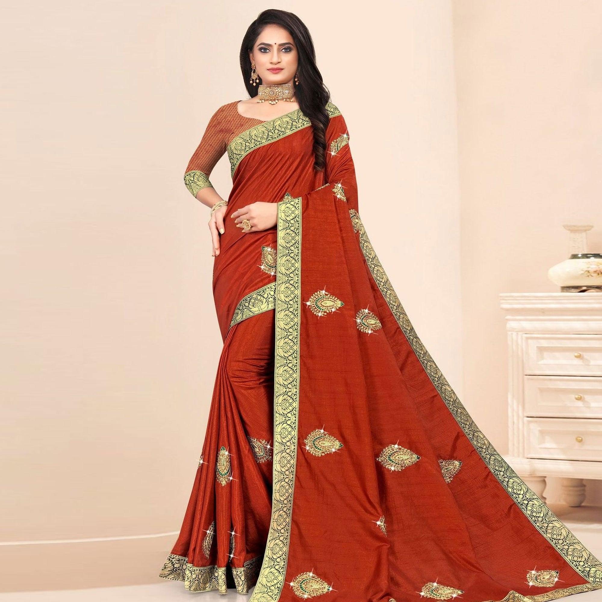Rust Embellished With Embroidered Vichitra Silk Saree - Peachmode