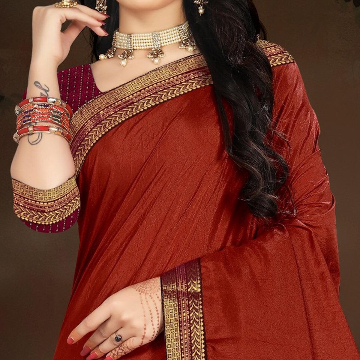 Rust Embellished With Embroidered Vichitra Silk Saree - Peachmode