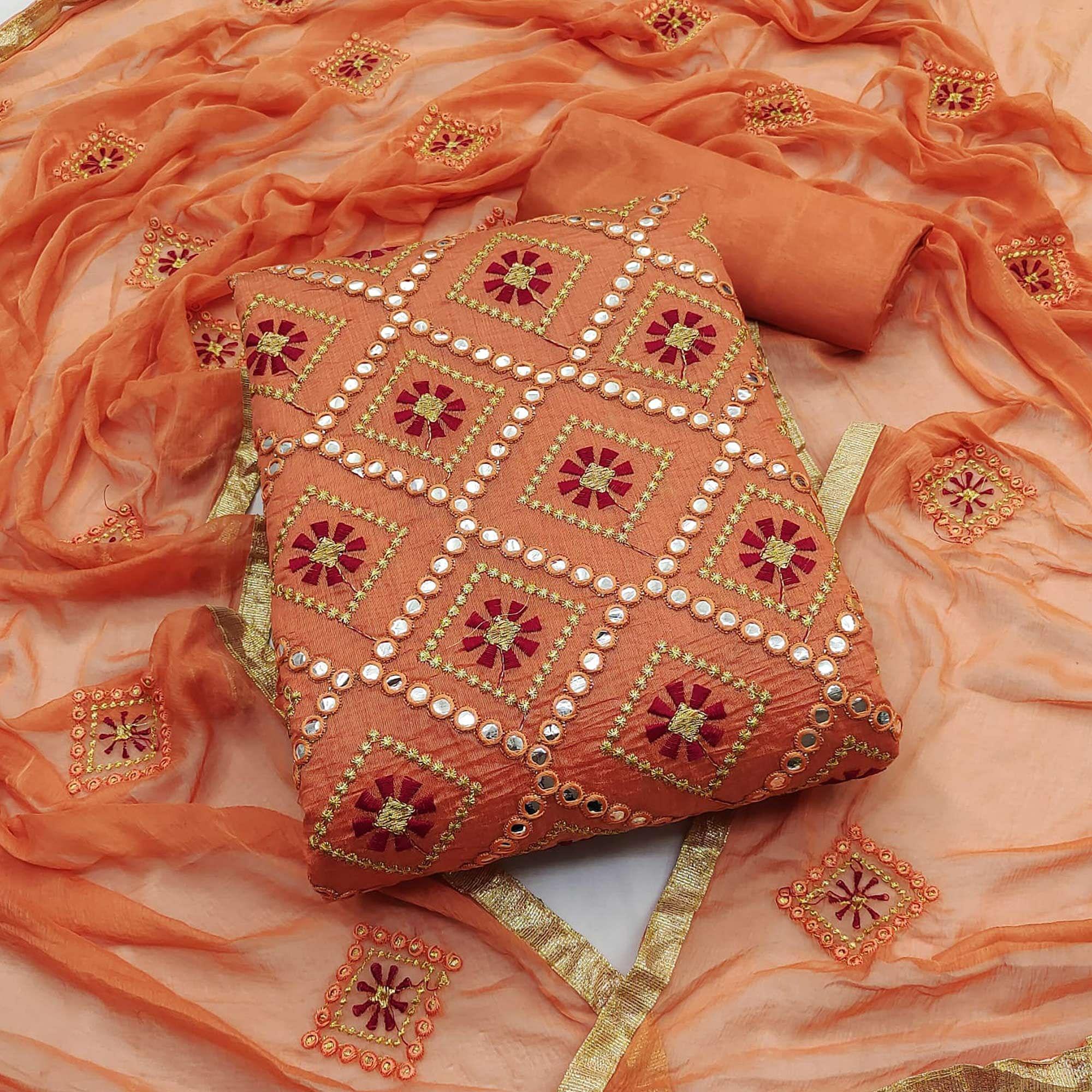 Rust Embroidered Chanderi Dress Material - Peachmode