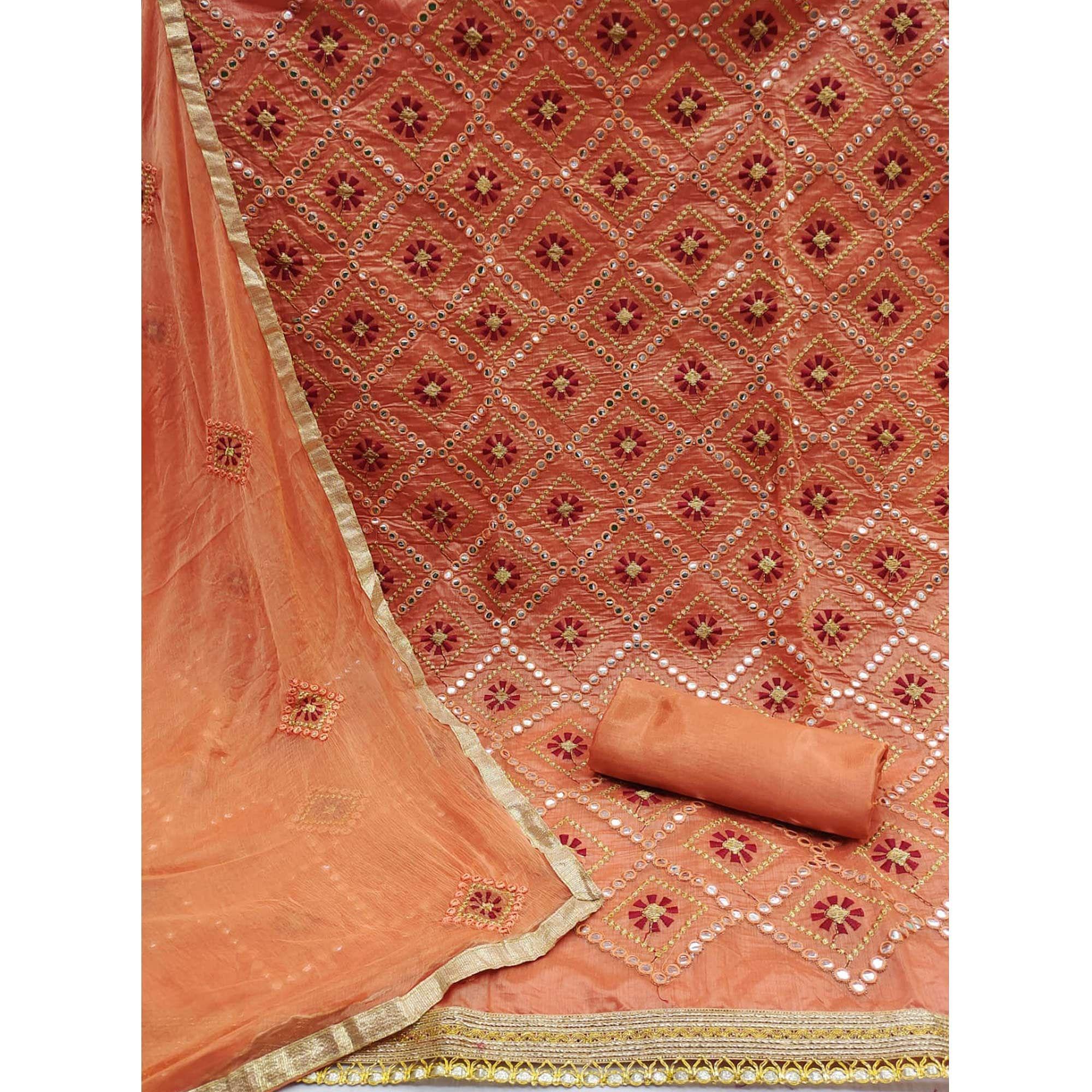 Rust Embroidered Chanderi Dress Material - Peachmode