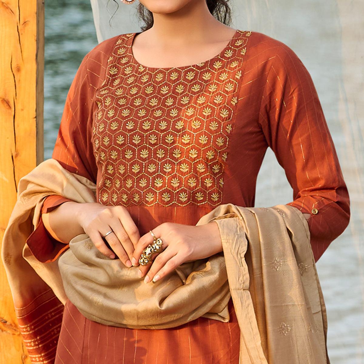 Rust Embroidered Pure Cotton Kurti Pant Set With Dupatta - Peachmode