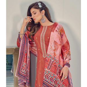 Rust Embroidered With Embellished Chiffon Kurti Pant Set With Dupatta - Peachmode