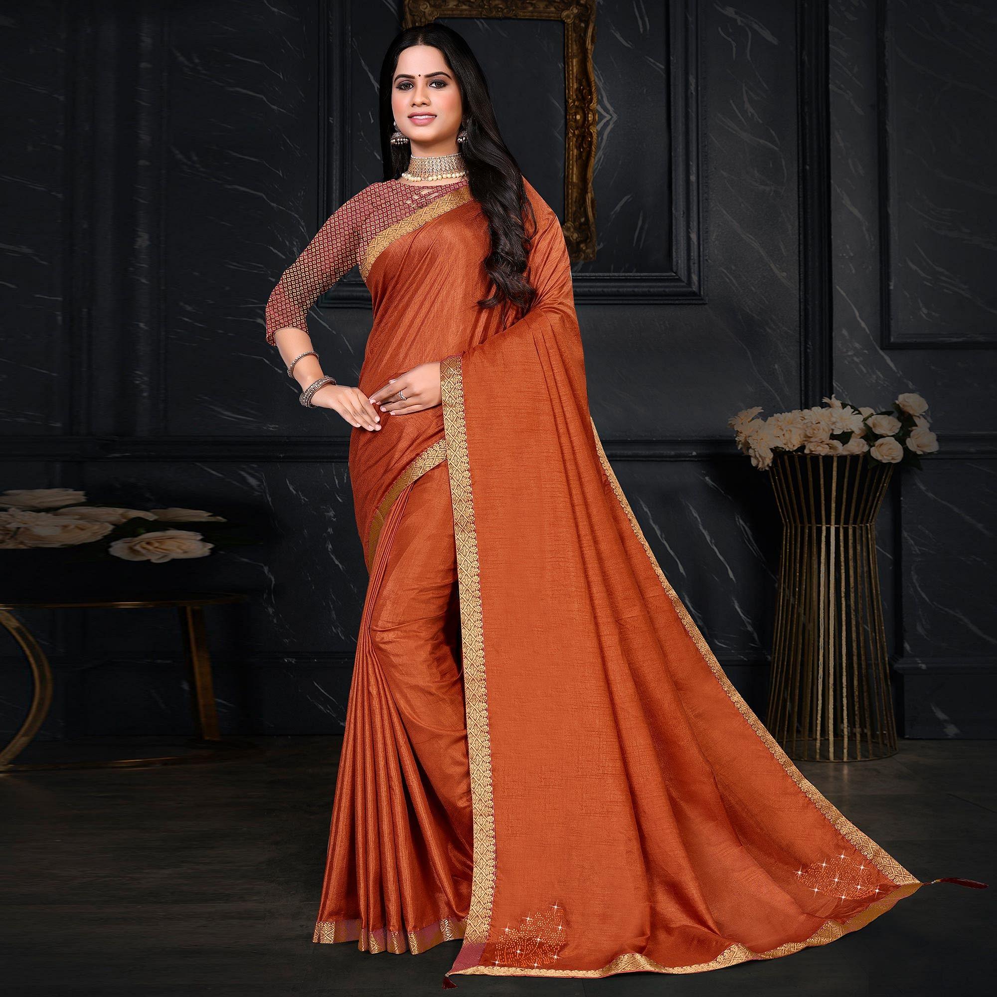 Rust Festive Wear Embellished Vichitra Silk Saree - Peachmode